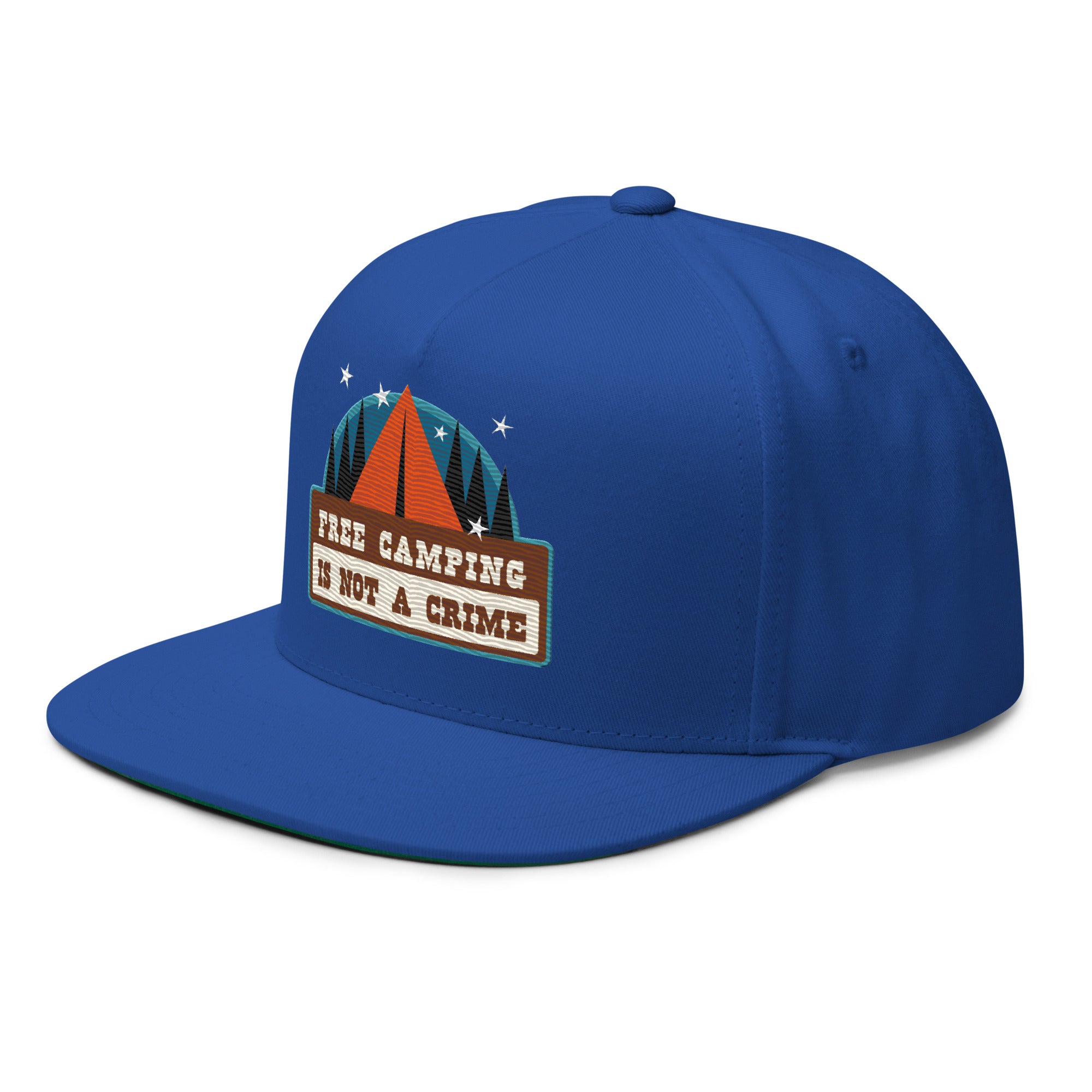 Flat Bill Cap Ski Bum Free camping is not a crime multicolor embroidered pattern