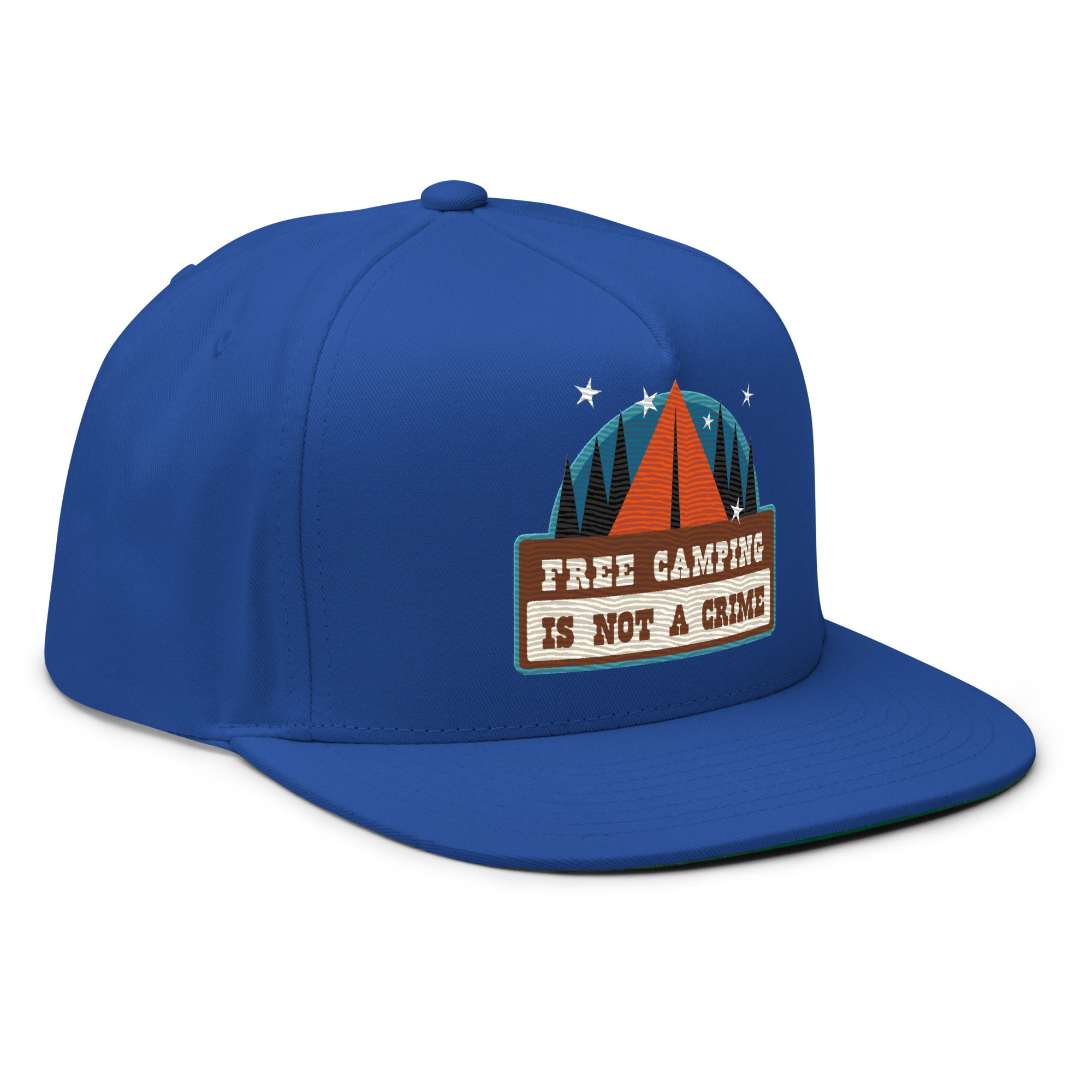Flat Bill Cap Ski Bum Free camping is not a crime multicolor embroidered pattern