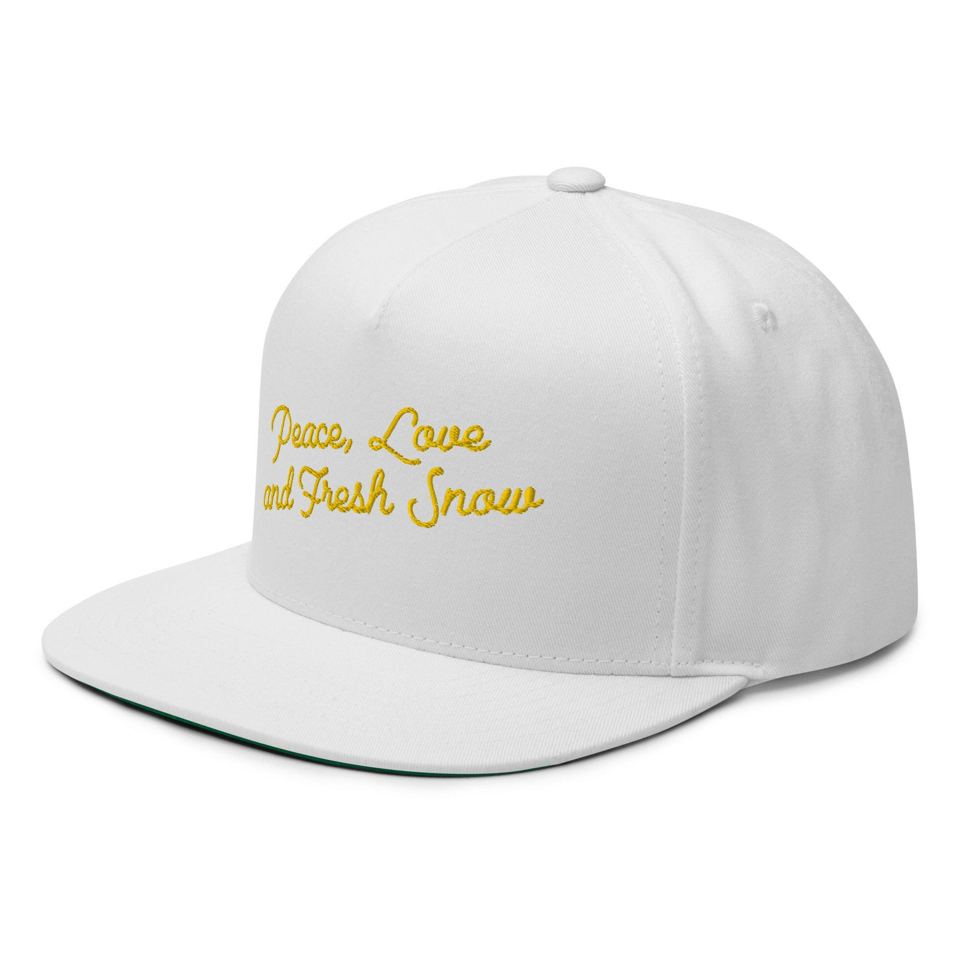 Casquette à Visière Plate en coton sergé Peace, Love and Fresh Snow Gold letters