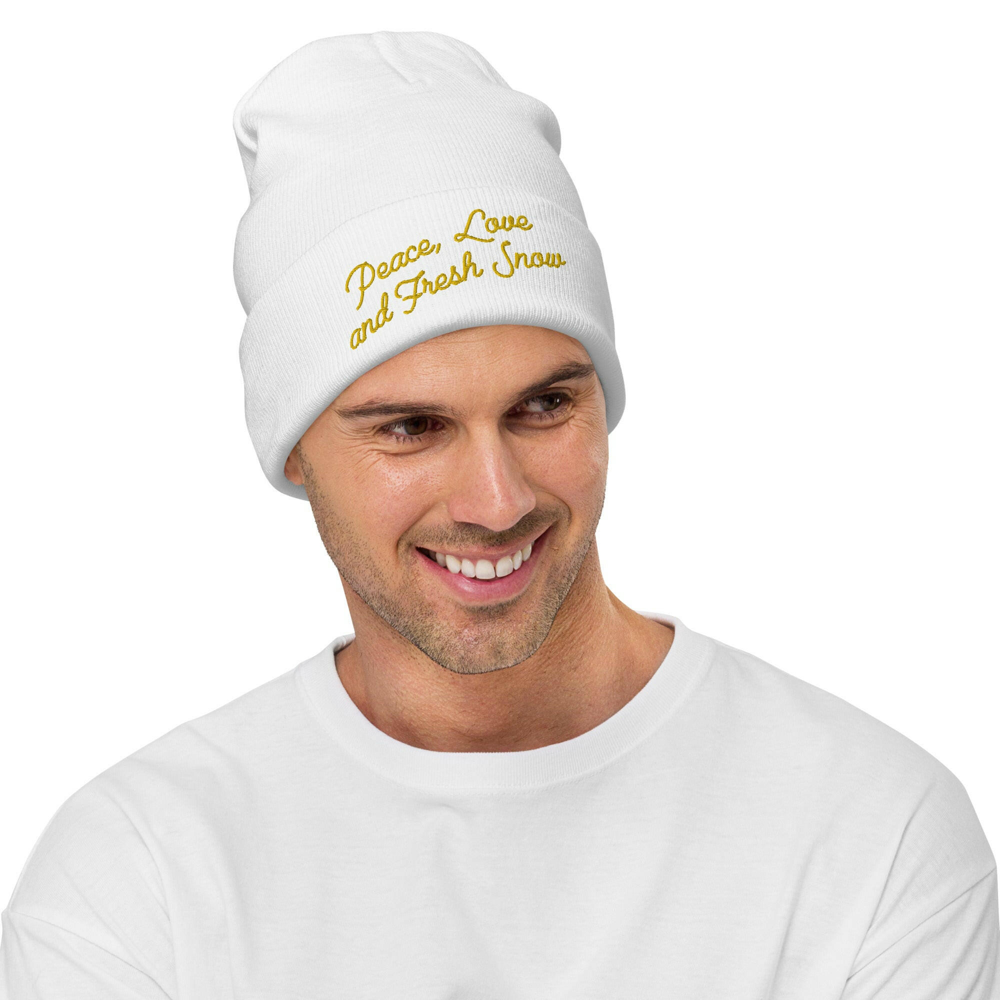Ribbed beanie Peace, Love and Fresh Snow Gold