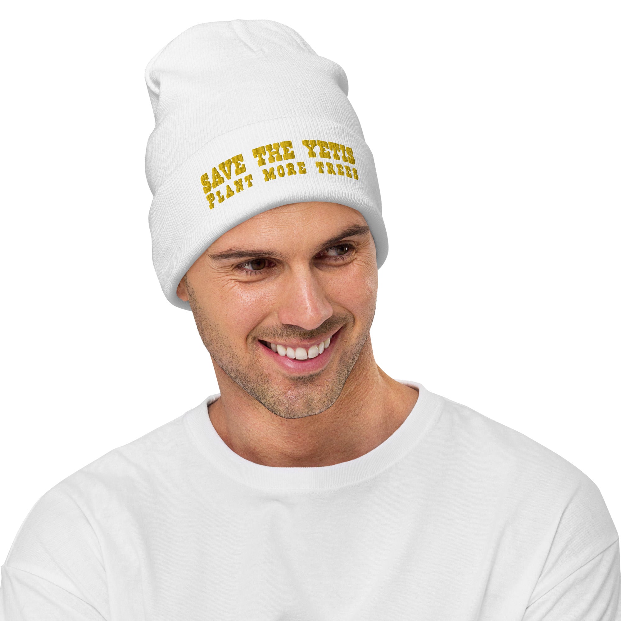Ribbed beanie Save the Yetis, Plant more Trees Gold
