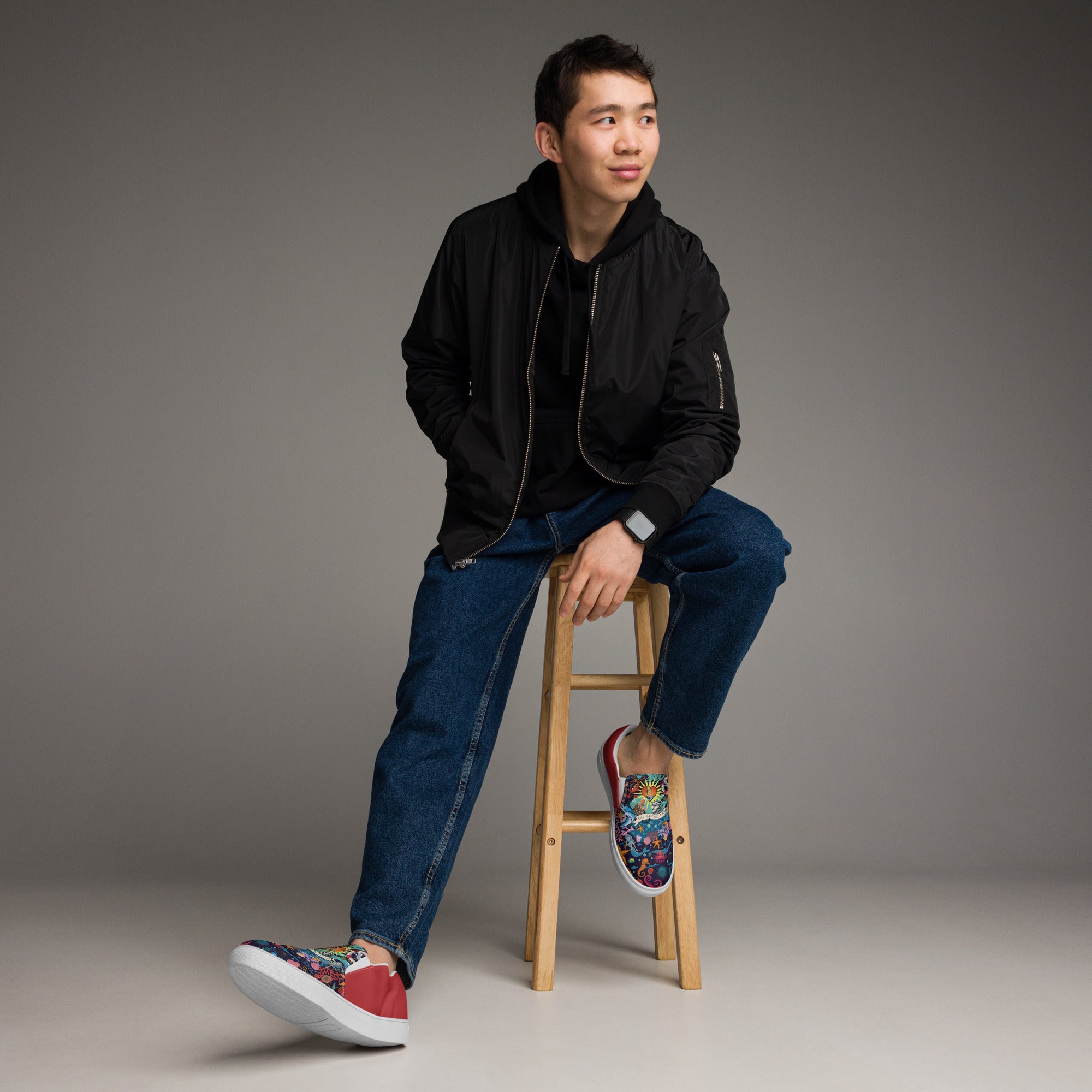 Tennis en toile sans lacets homme Oh Bonne Mer bleu foncé & rouge