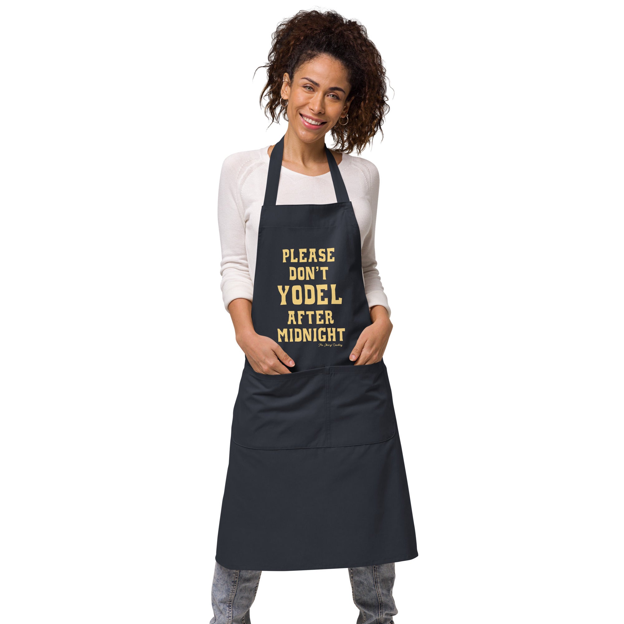 Tablier en coton biologique Don't Yodel After Midnight texte clair