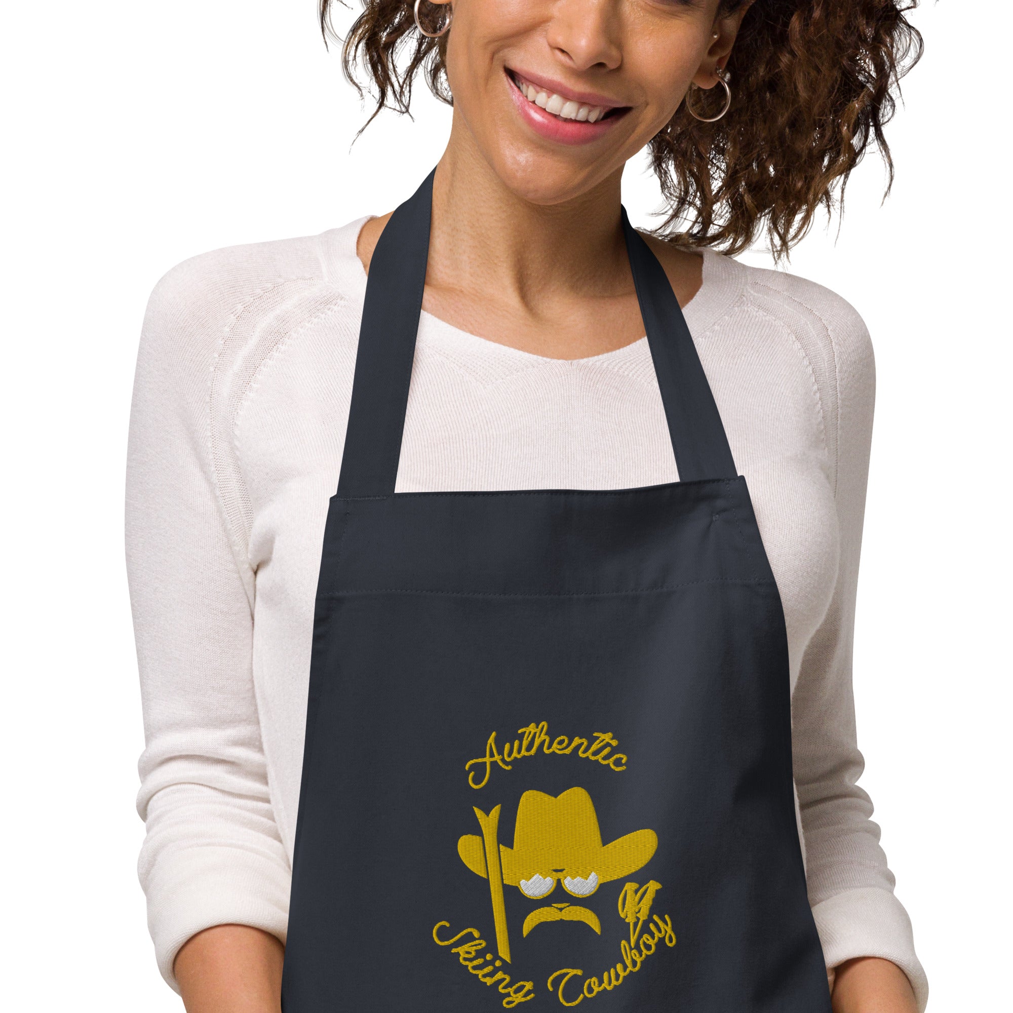 Tablier en coton biologique Authentic Skiing Cowboy grand motif brodé gold