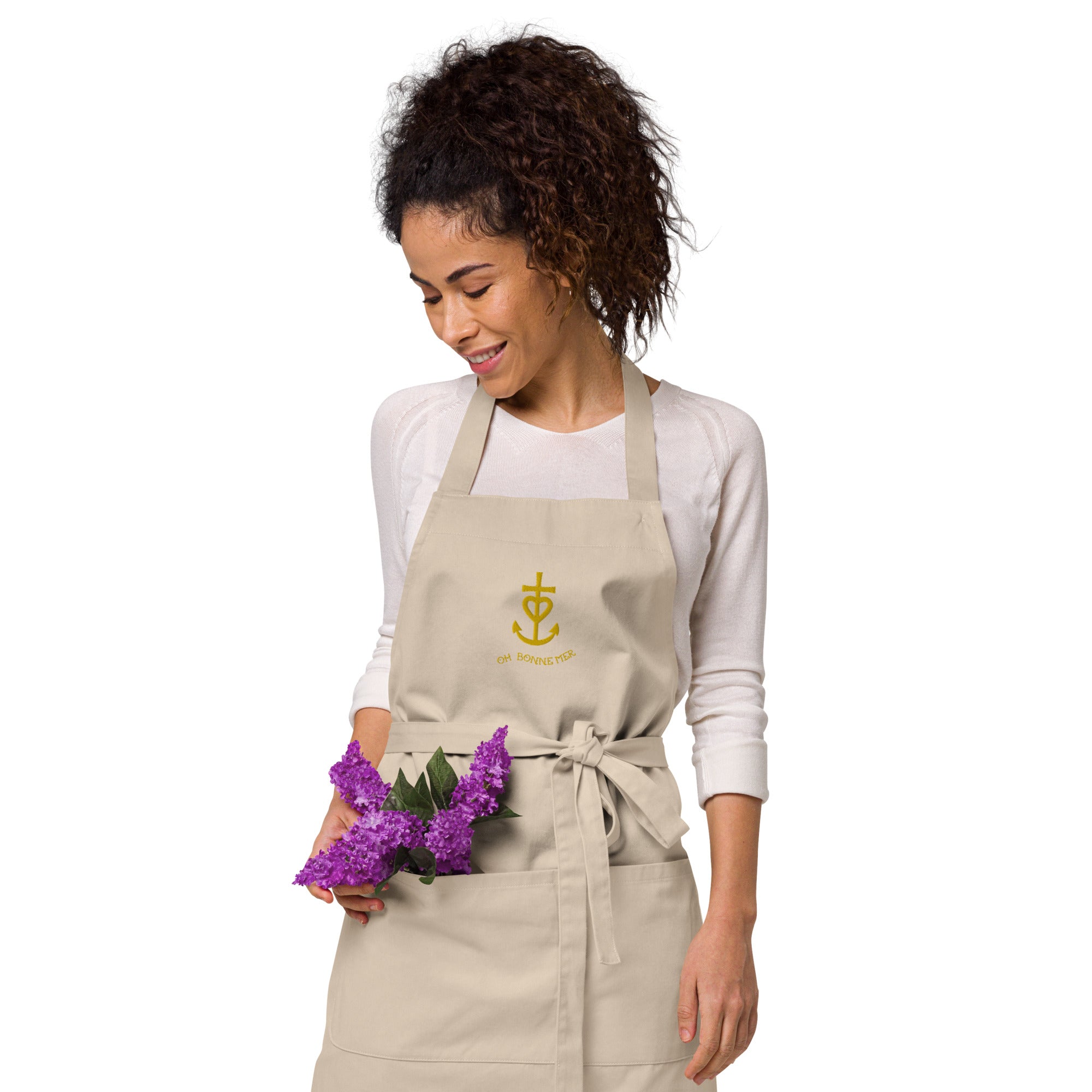 Organic cotton apron Camargue Cross gold embroidered pattern
