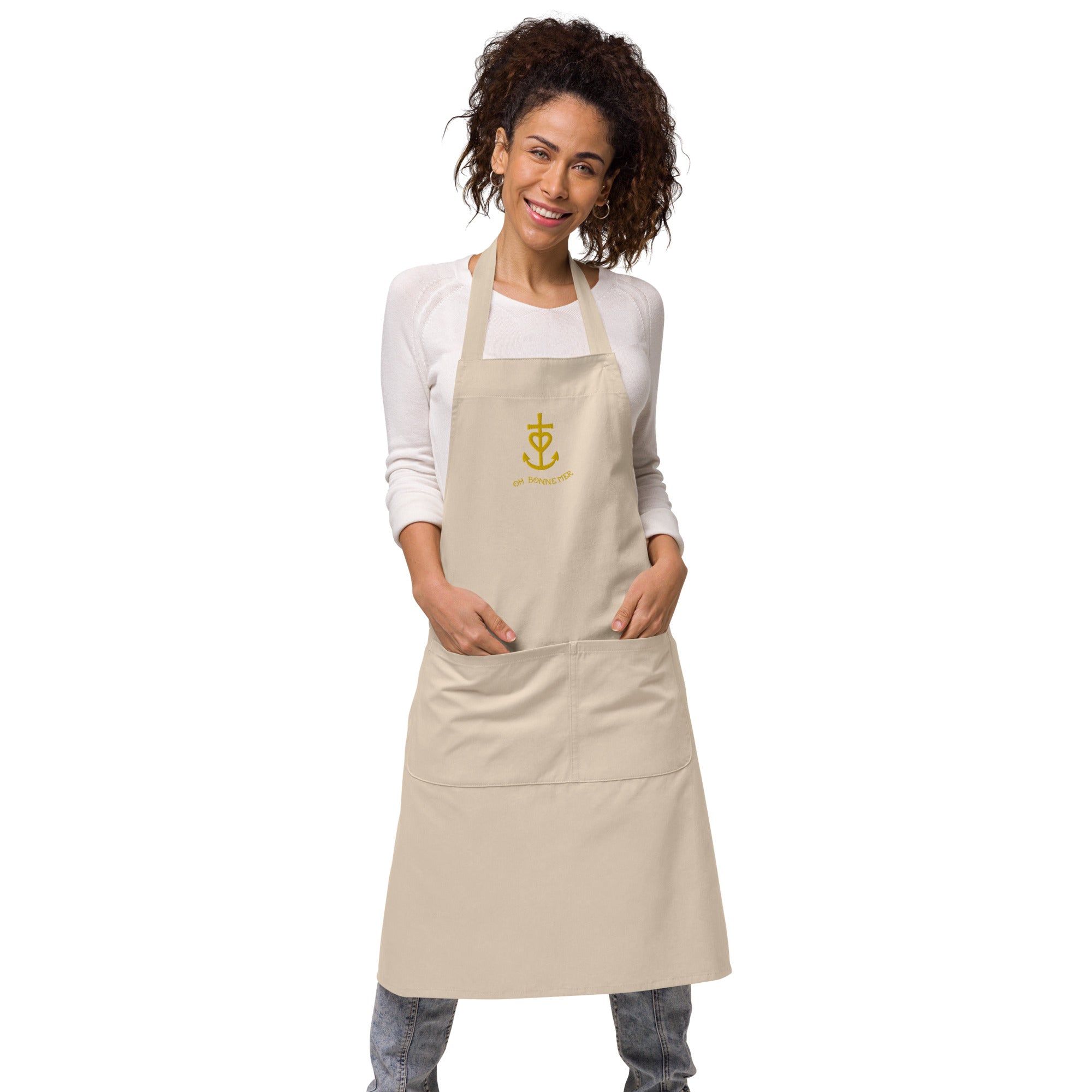 Organic cotton apron Camargue Cross gold embroidered pattern