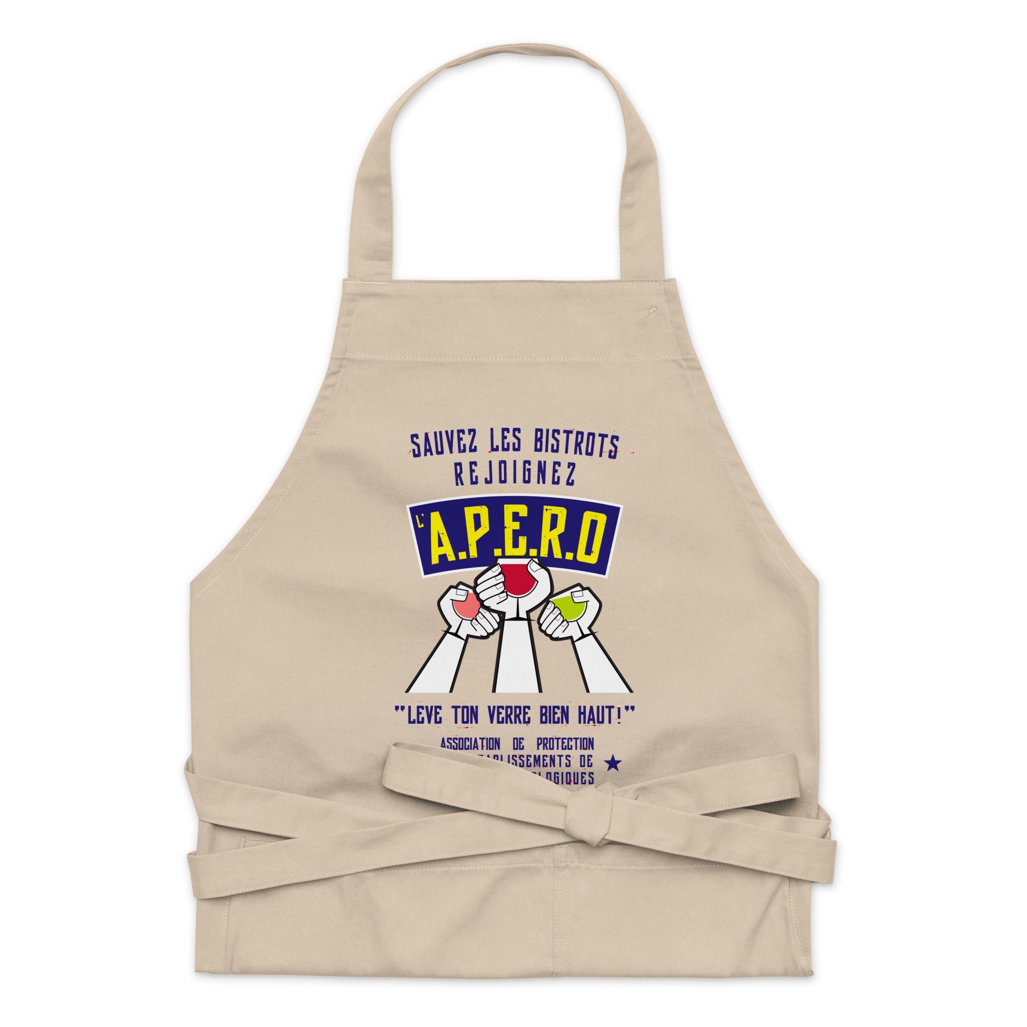 Tablier en coton biologique Sauvez les Bistrots, rejoignez l'Apéro sur blanc cassé