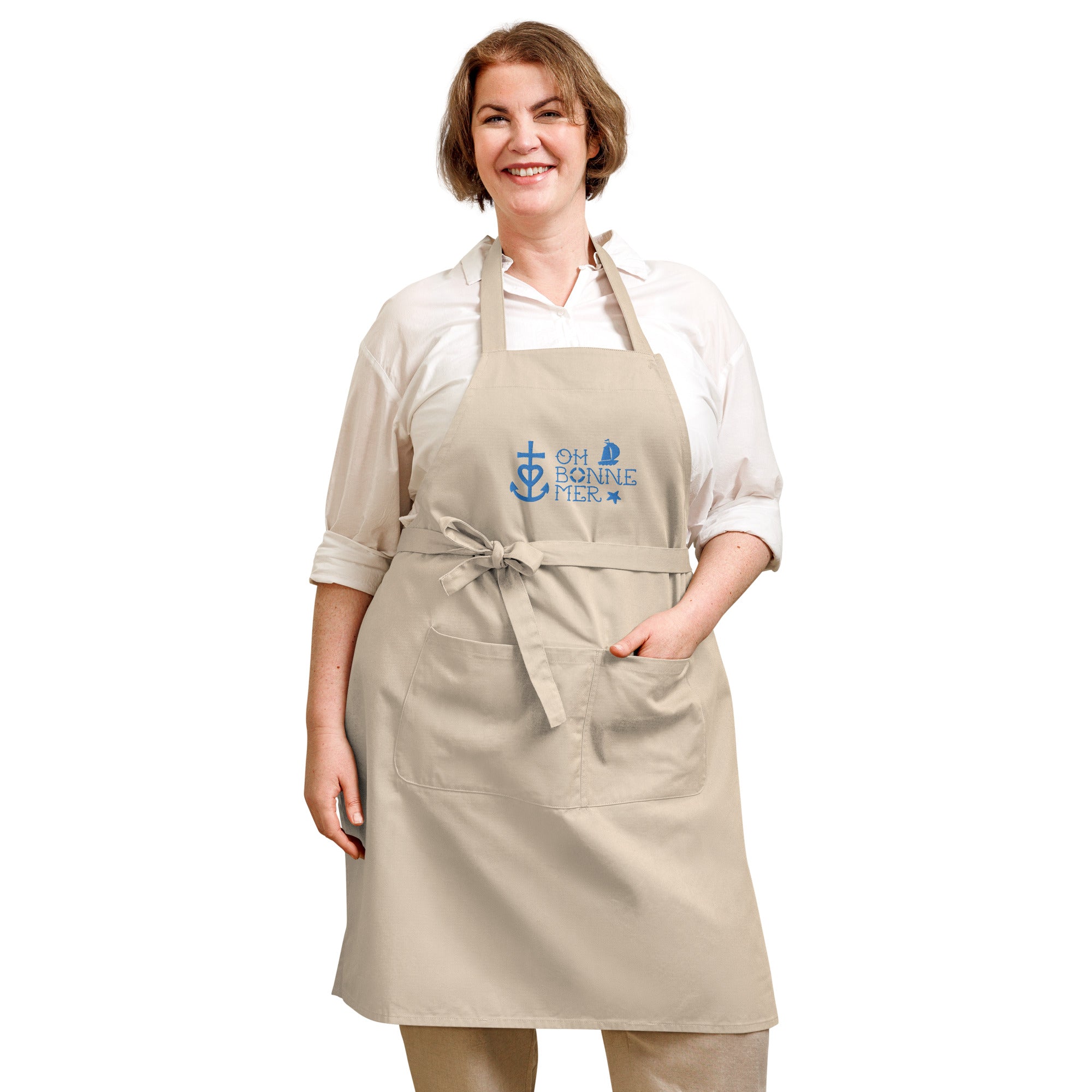 Tablier en coton biologique Oh Bonne Mer 2 blue avio grand motif brodé
