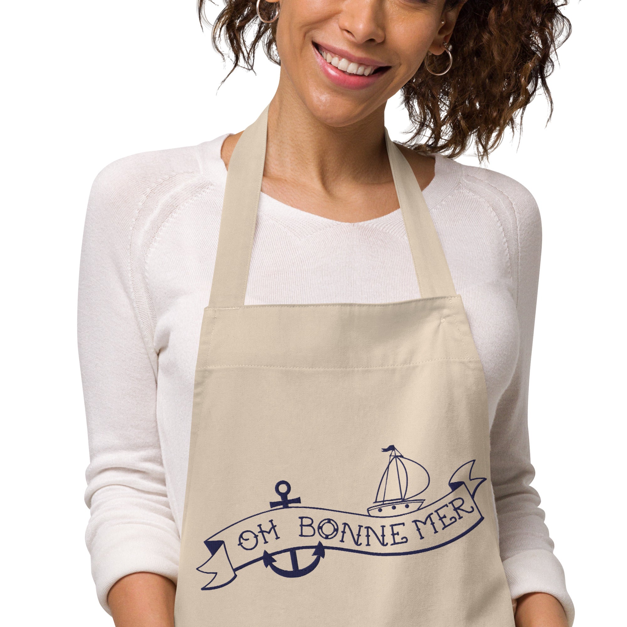 Tablier en coton biologique Oh Bonne Mer Tattoo grand motif brodé navy