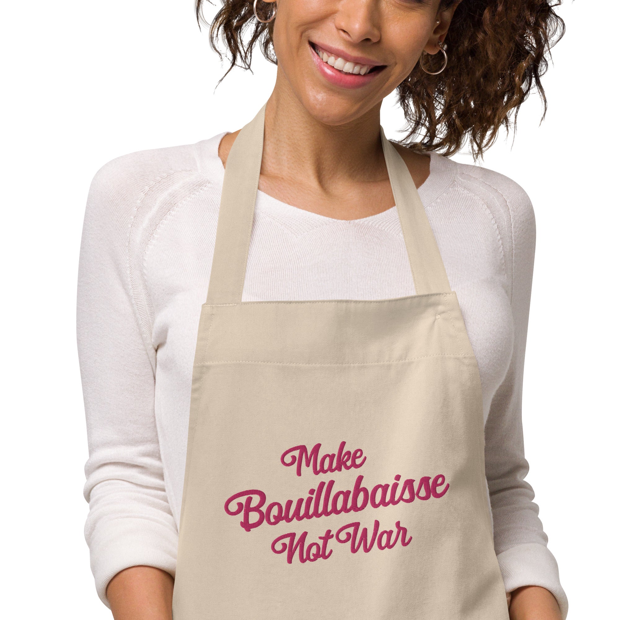 Tablier en coton biologique Make Bouillabaisse Not War Flamingo grand motif brodé