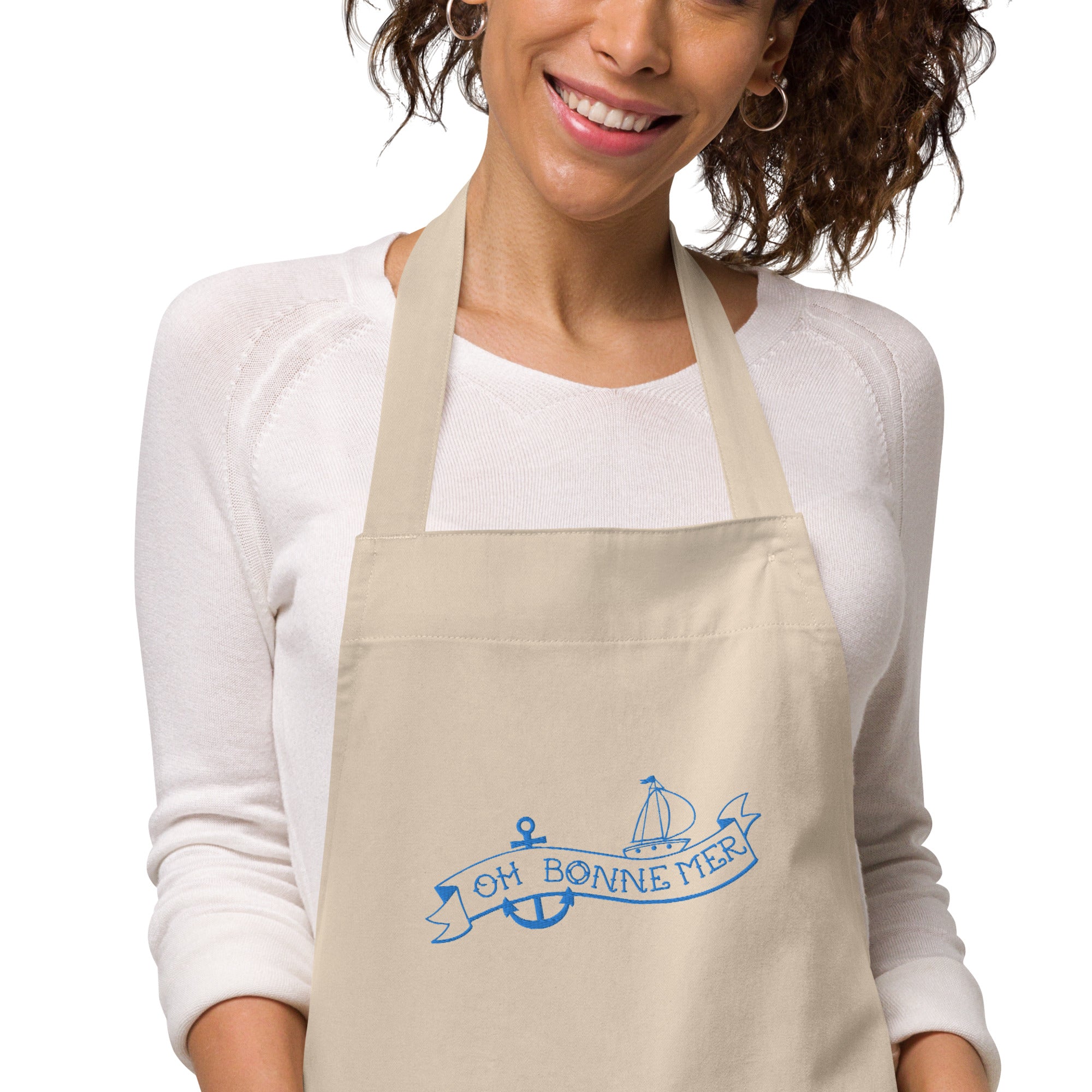 Tablier en coton biologique Oh Bonne Mer Tattoo brodé blue avio