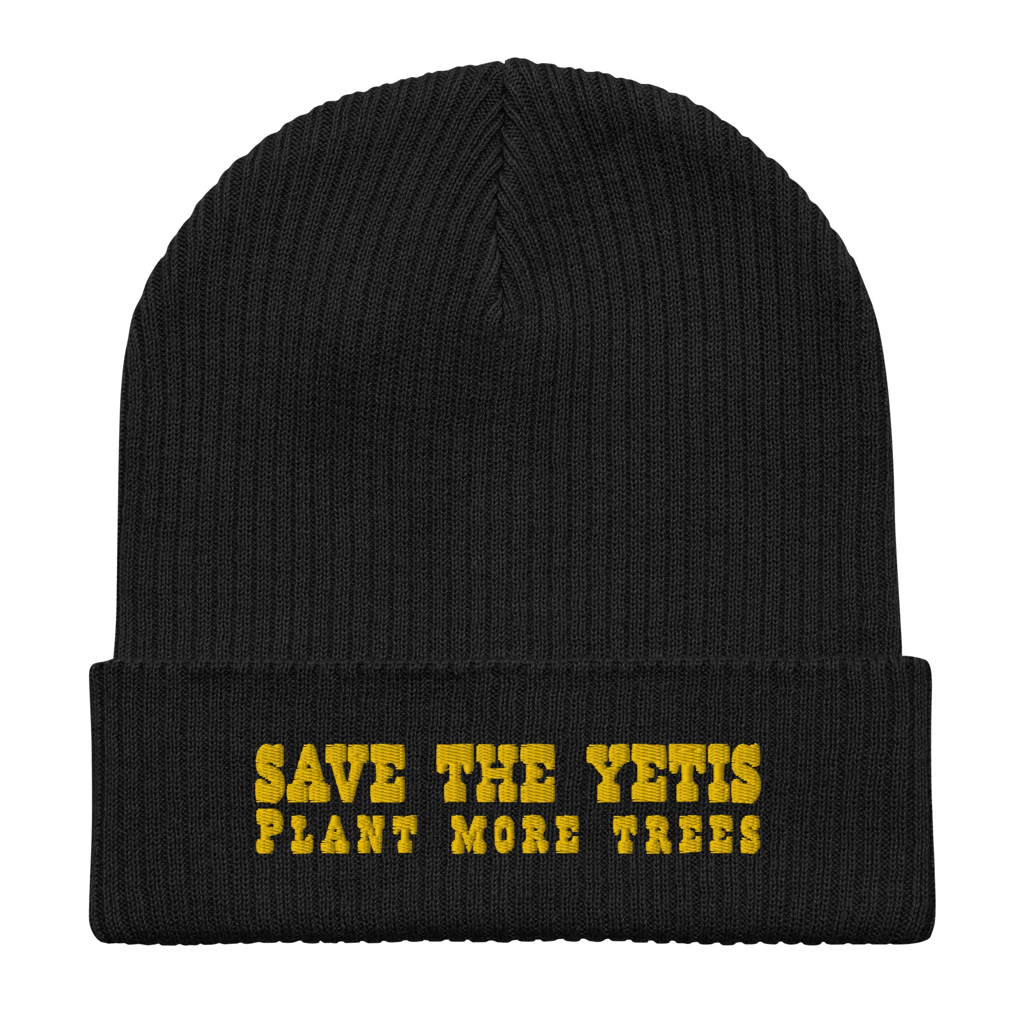 Organic ribbed beanie Save the Yetis, Plant more Trees Gold
