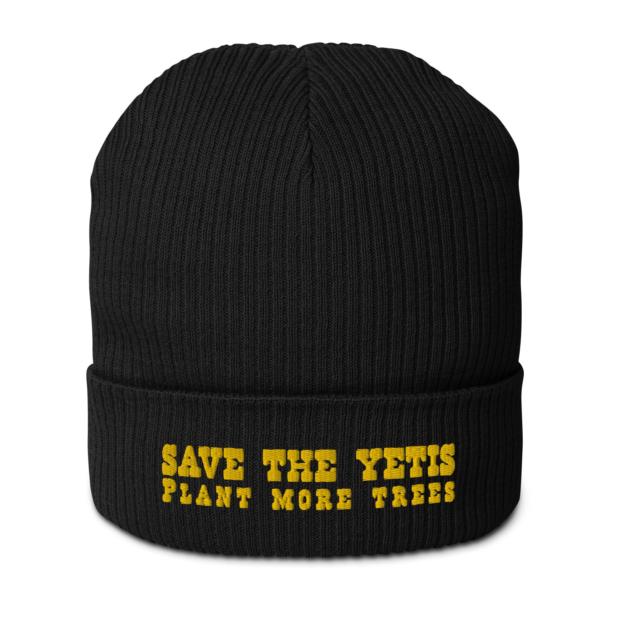 Organic ribbed beanie Save the Yetis, Plant more Trees Gold