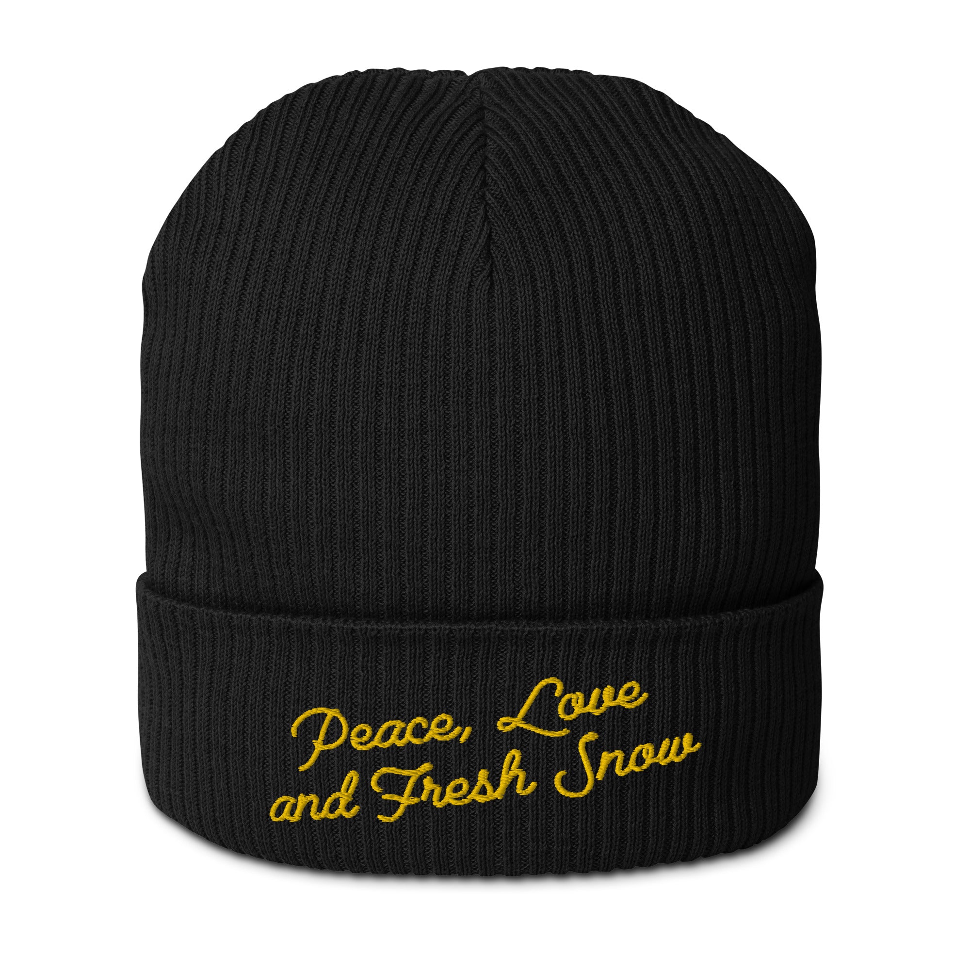 Organic ribbed beanie Peace, Love and Fresh Snow Gold