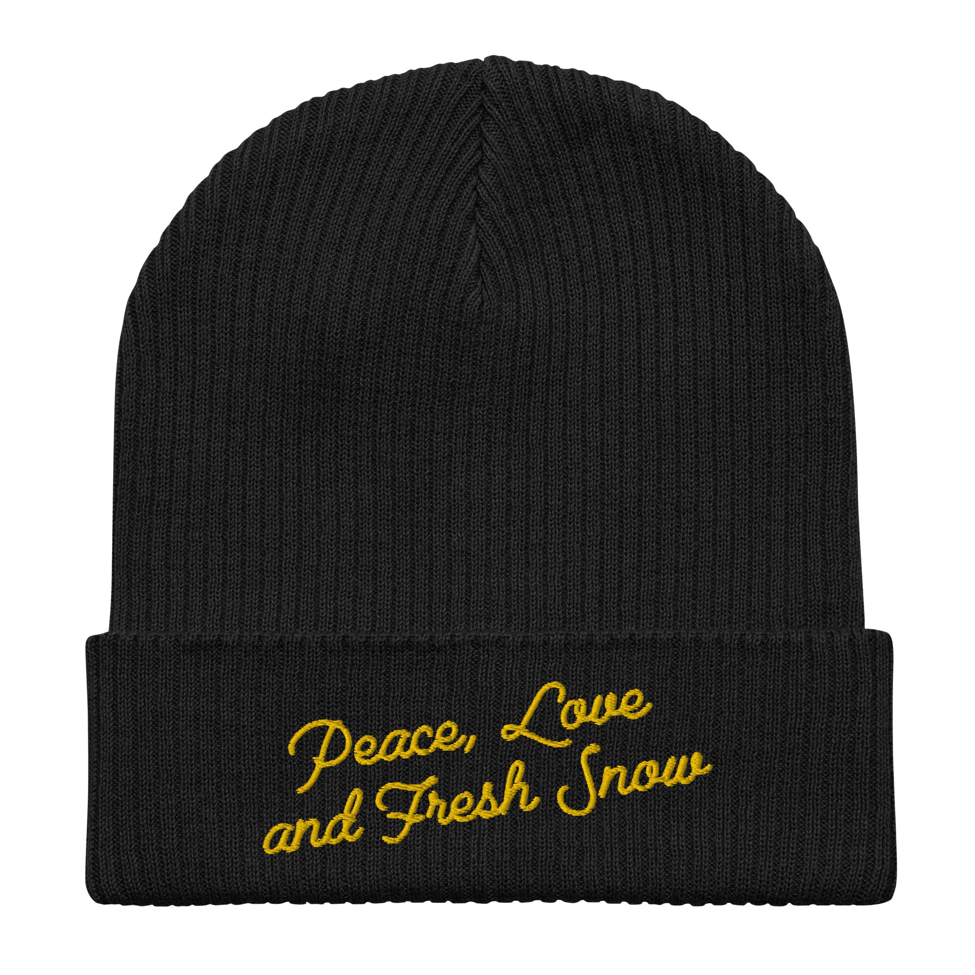 Organic ribbed beanie Peace, Love and Fresh Snow Gold