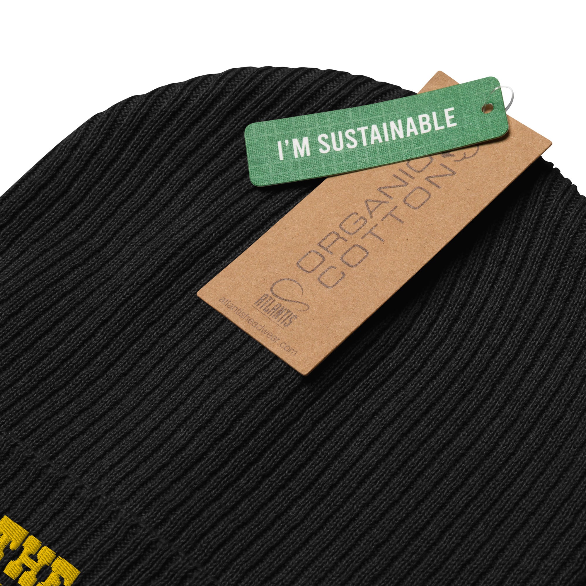 Organic ribbed beanie Save the Yetis, Plant more Trees Gold