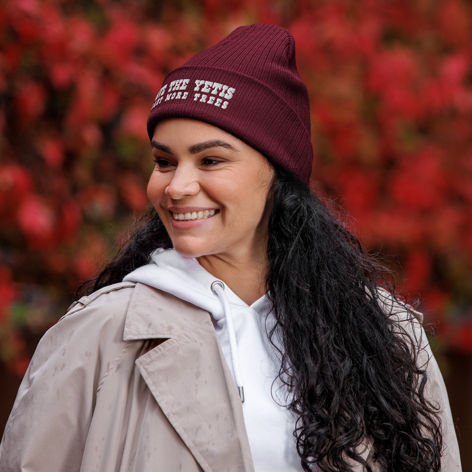 Bonnet côtelé en coton biologique Save the Yetis, Plant more Trees blanc