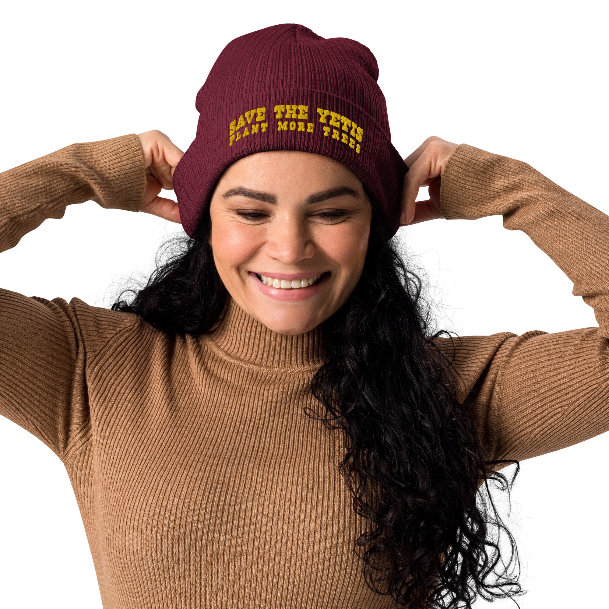 Organic ribbed beanie Save the Yetis, Plant more Trees Gold