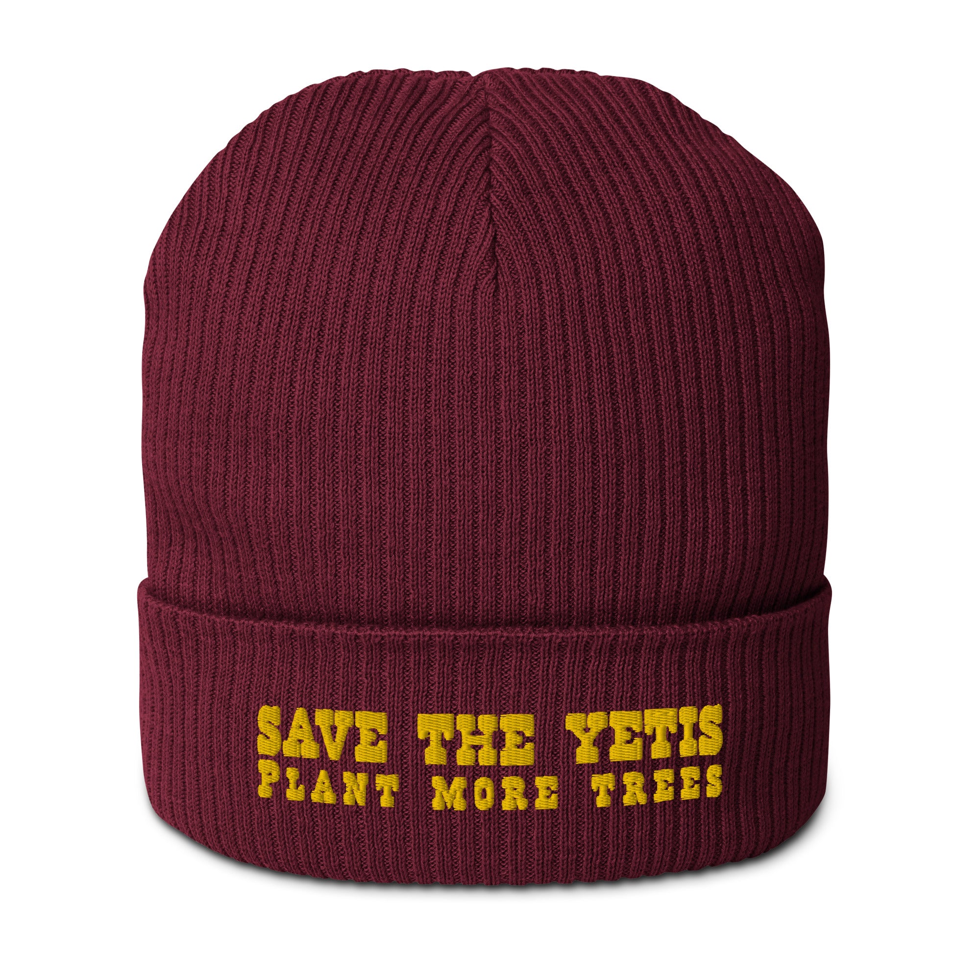 Organic ribbed beanie Save the Yetis, Plant more Trees Gold