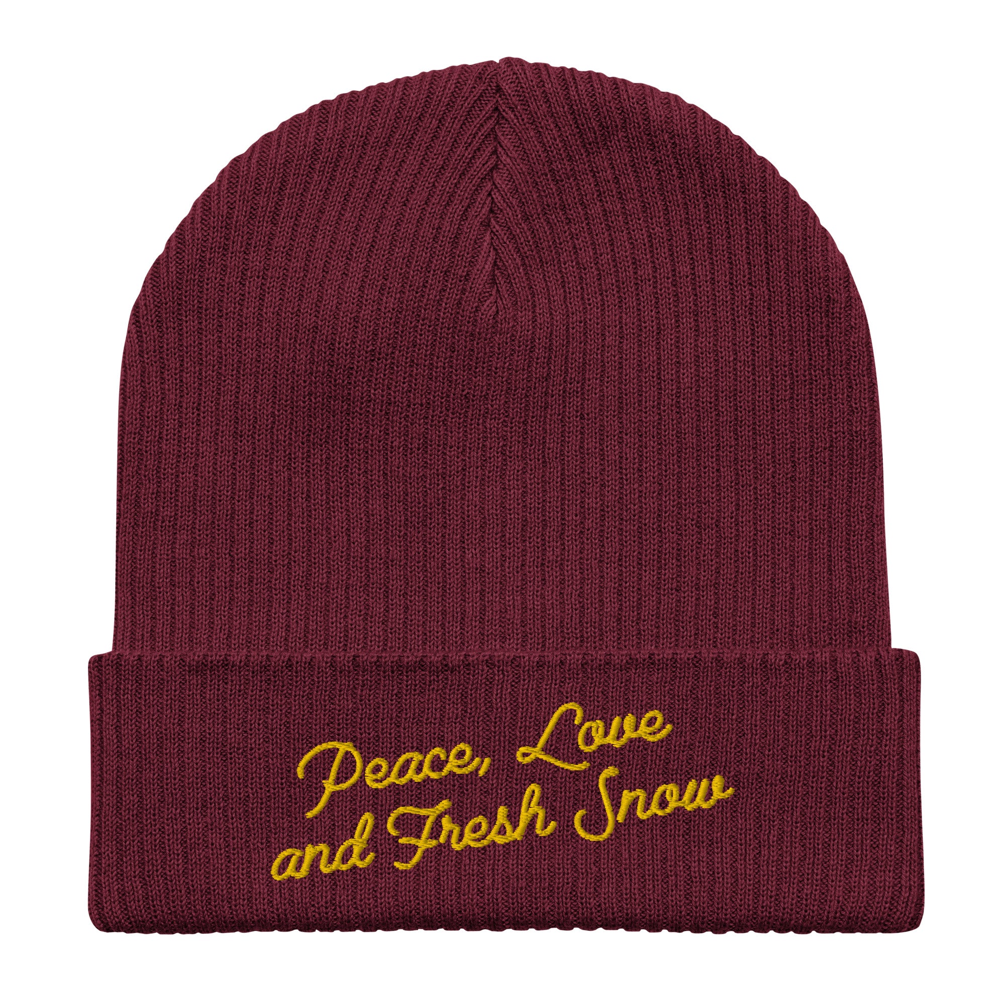 Organic ribbed beanie Peace, Love and Fresh Snow Gold