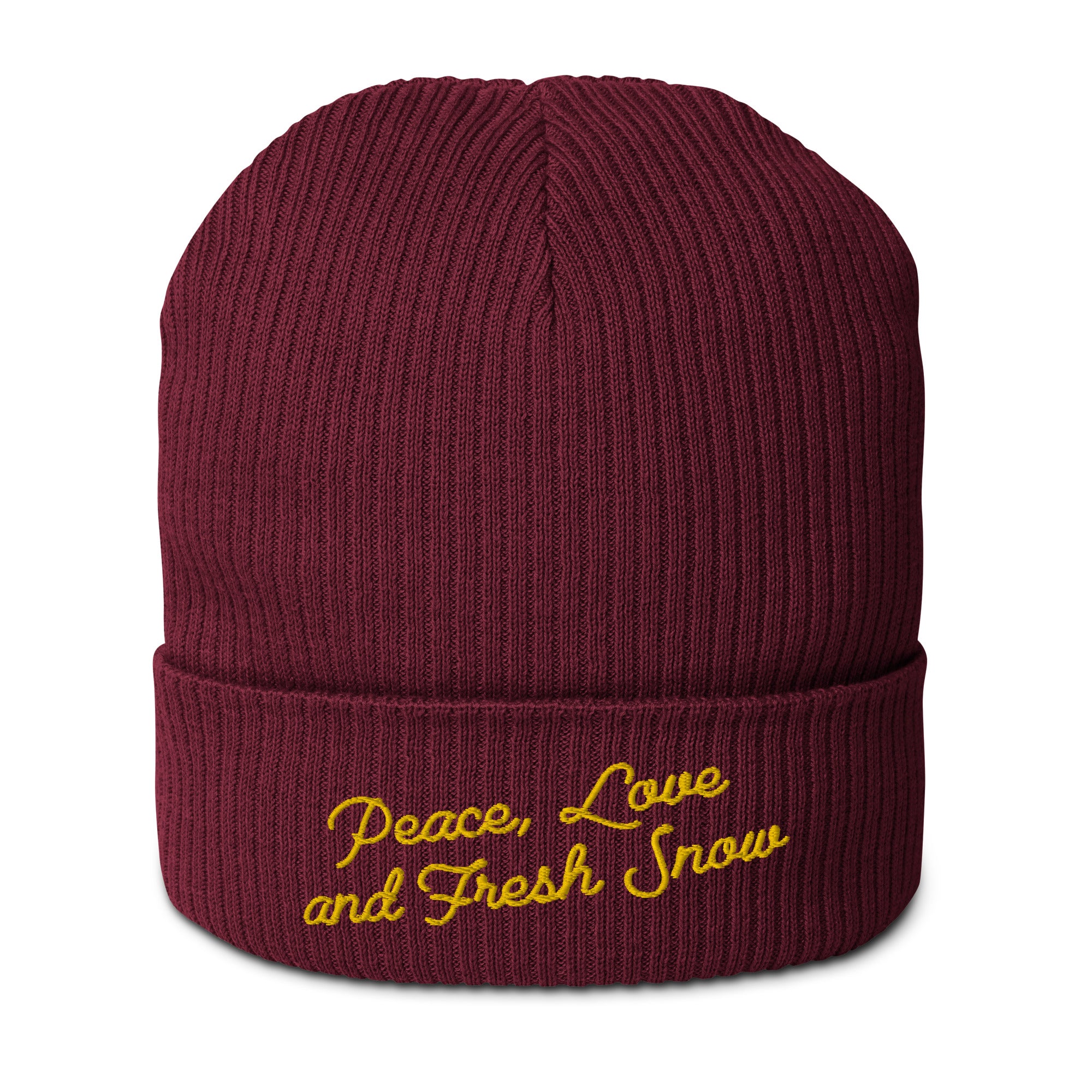 Organic ribbed beanie Peace, Love and Fresh Snow Gold