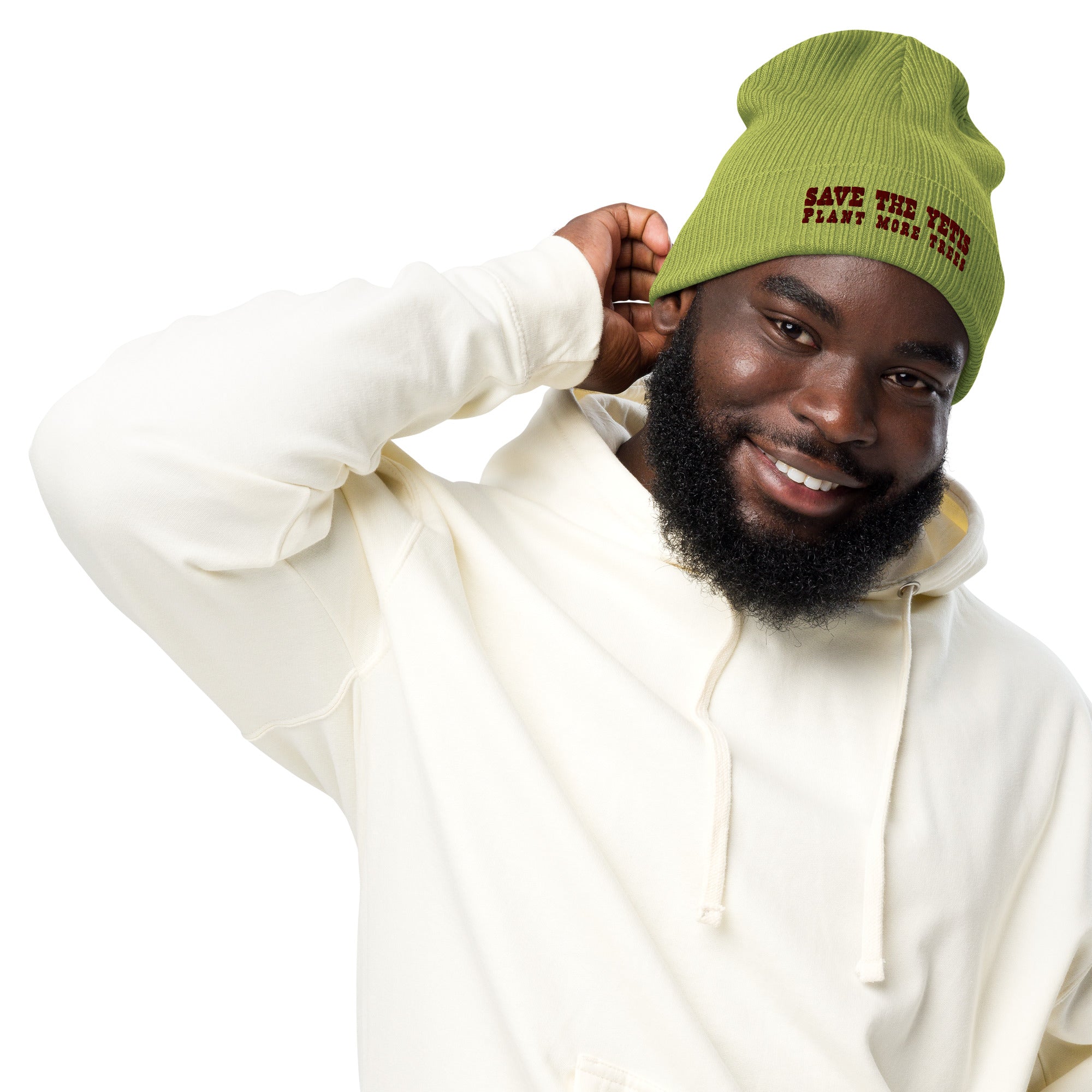 Organic ribbed beanie Save the Yetis, Plant more Trees Brown