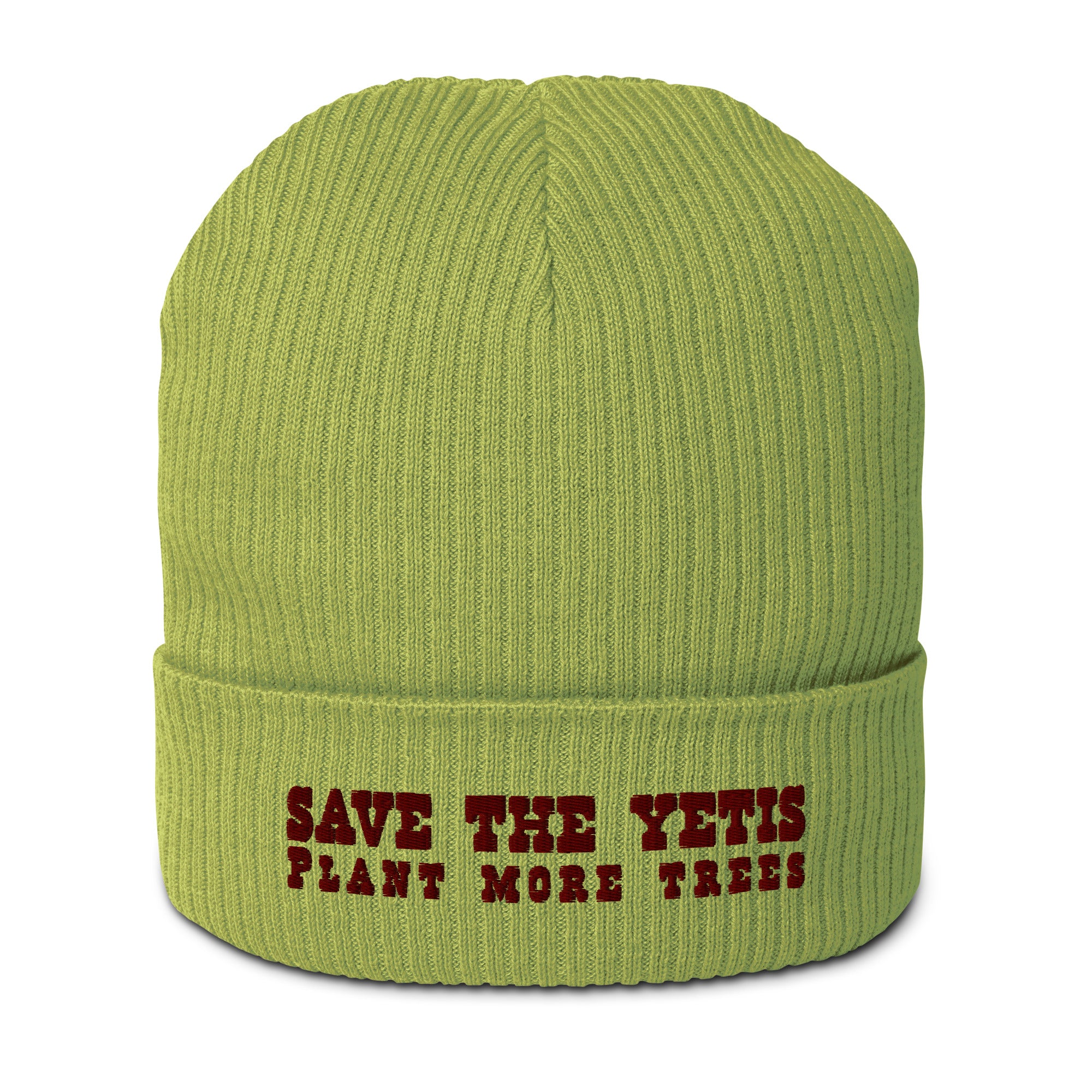 Organic ribbed beanie Save the Yetis, Plant more Trees Brown