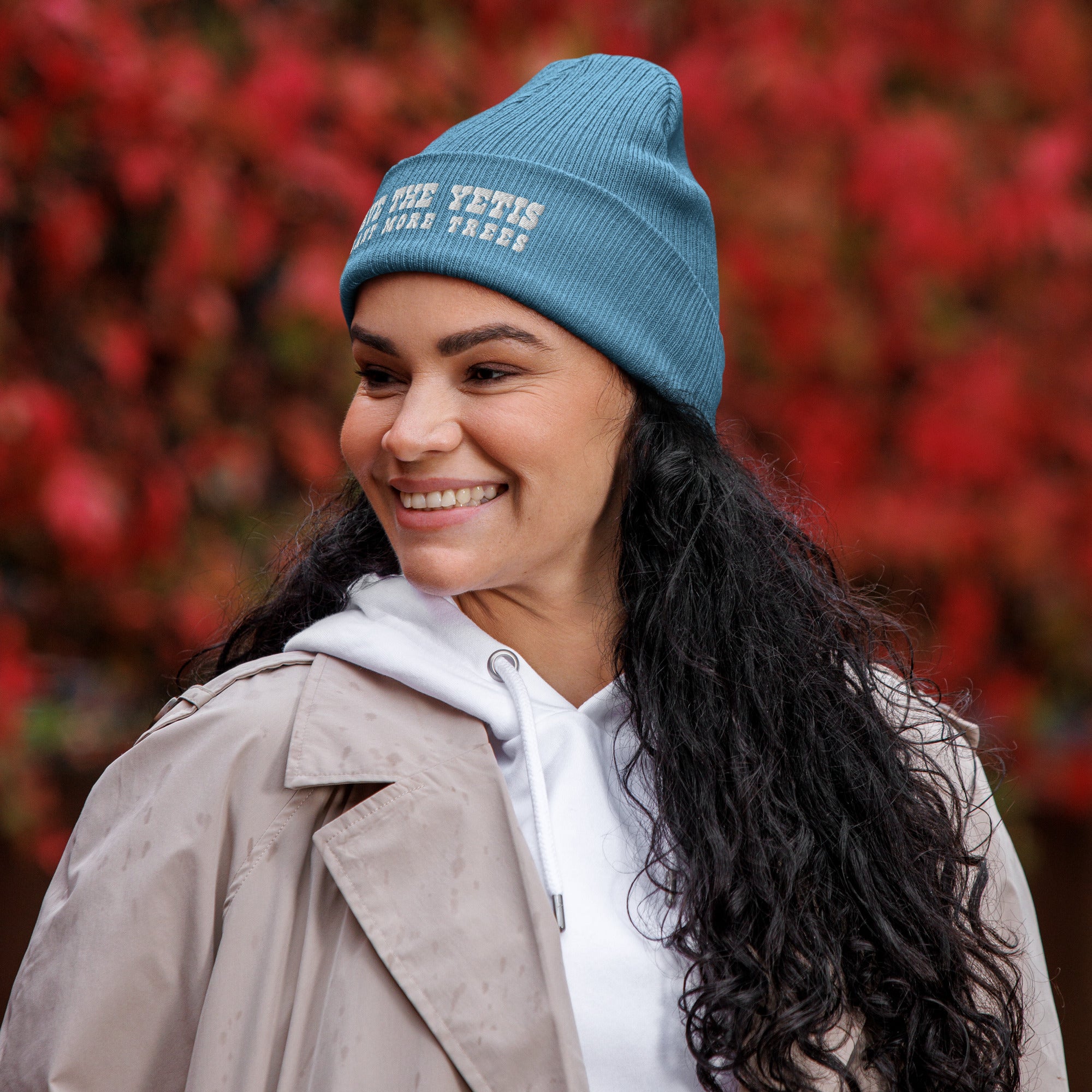 Bonnet côtelé en coton biologique Save the Yetis, Plant more Trees blanc