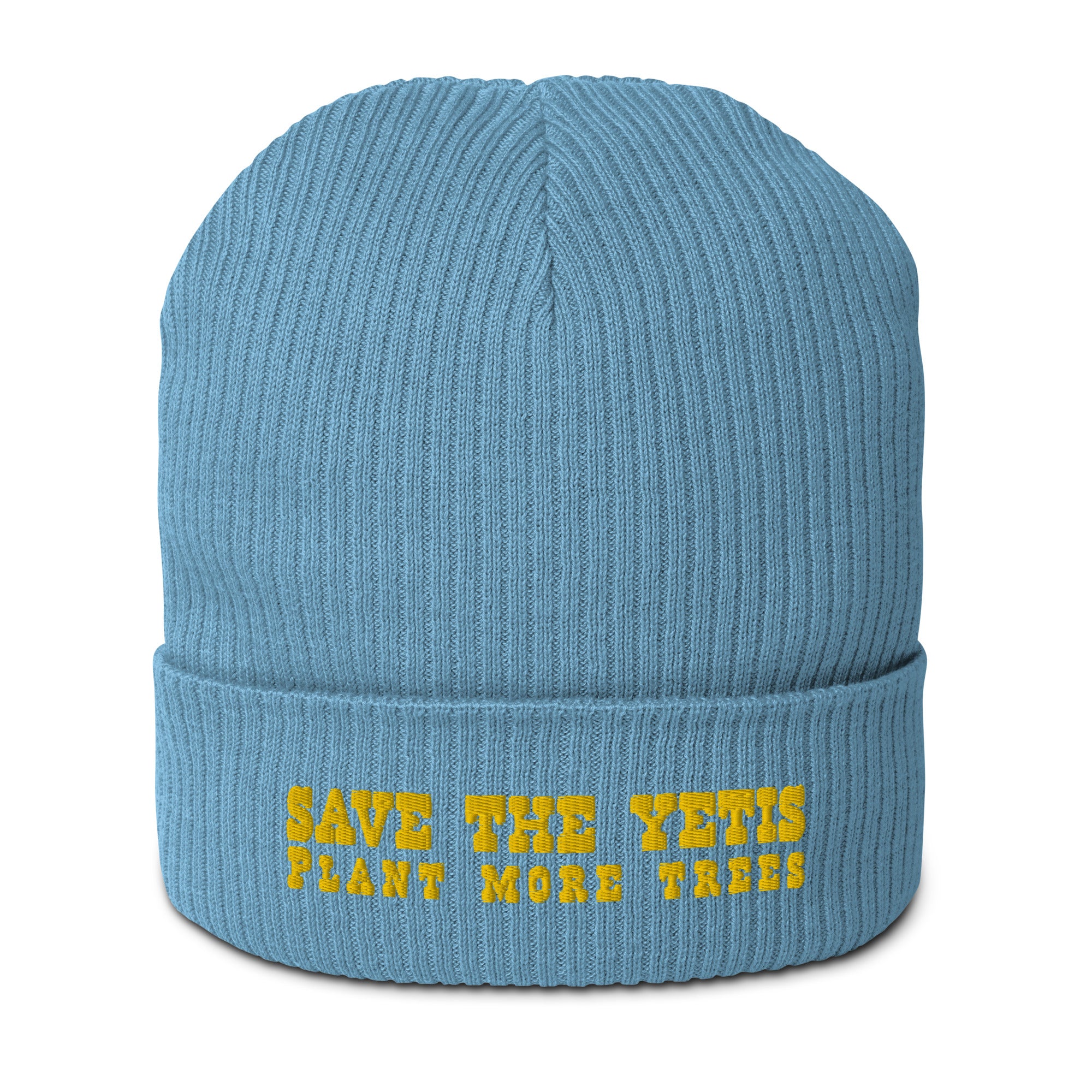 Organic ribbed beanie Save the Yetis, Plant more Trees Gold