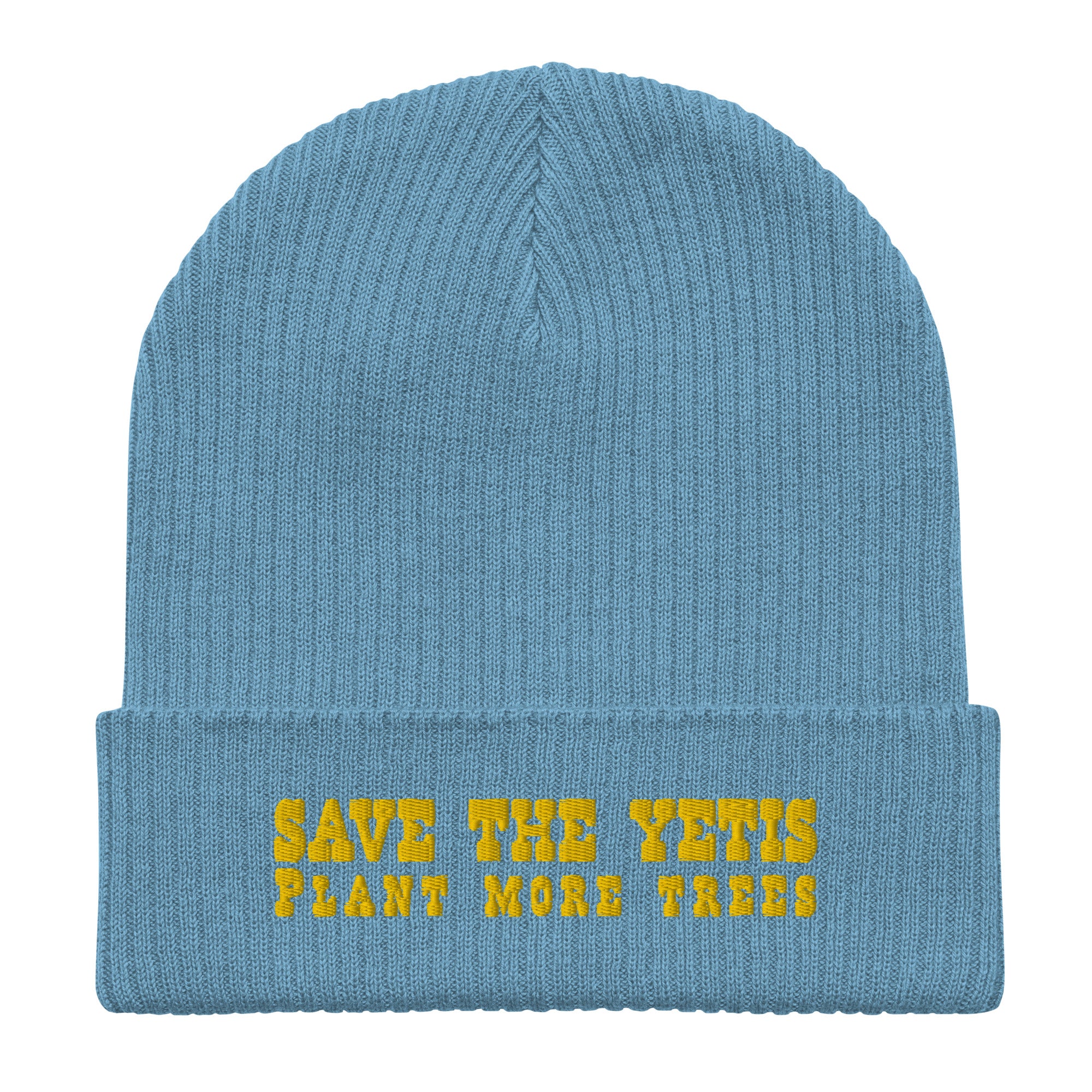Organic ribbed beanie Save the Yetis, Plant more Trees Gold