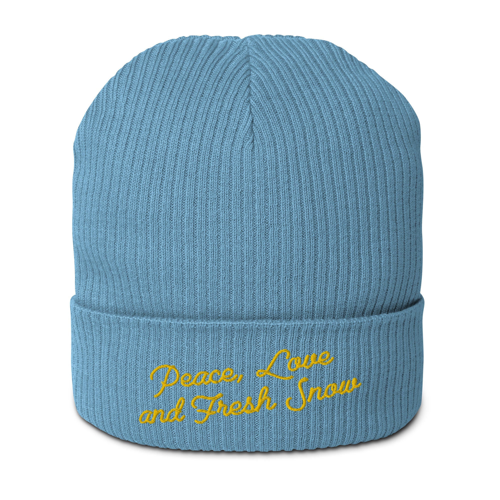 Organic ribbed beanie Peace, Love and Fresh Snow Gold