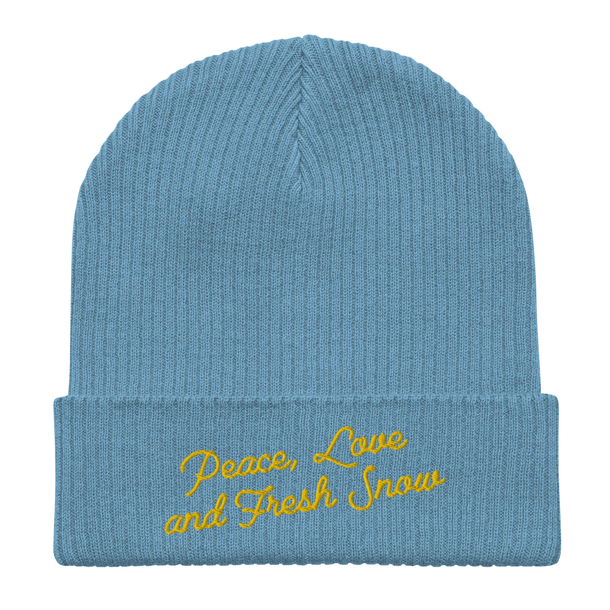 Organic ribbed beanie Peace, Love and Fresh Snow Gold