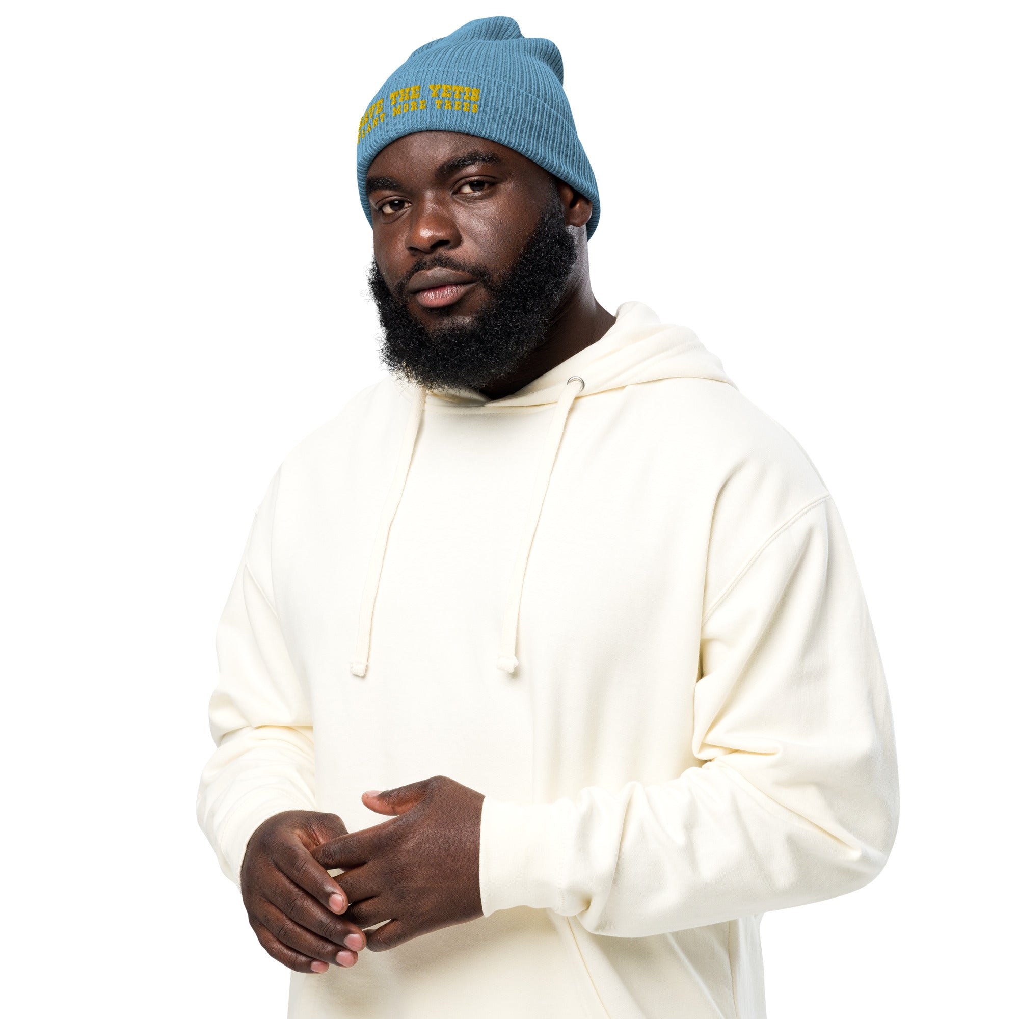 Organic ribbed beanie Save the Yetis, Plant more Trees Gold