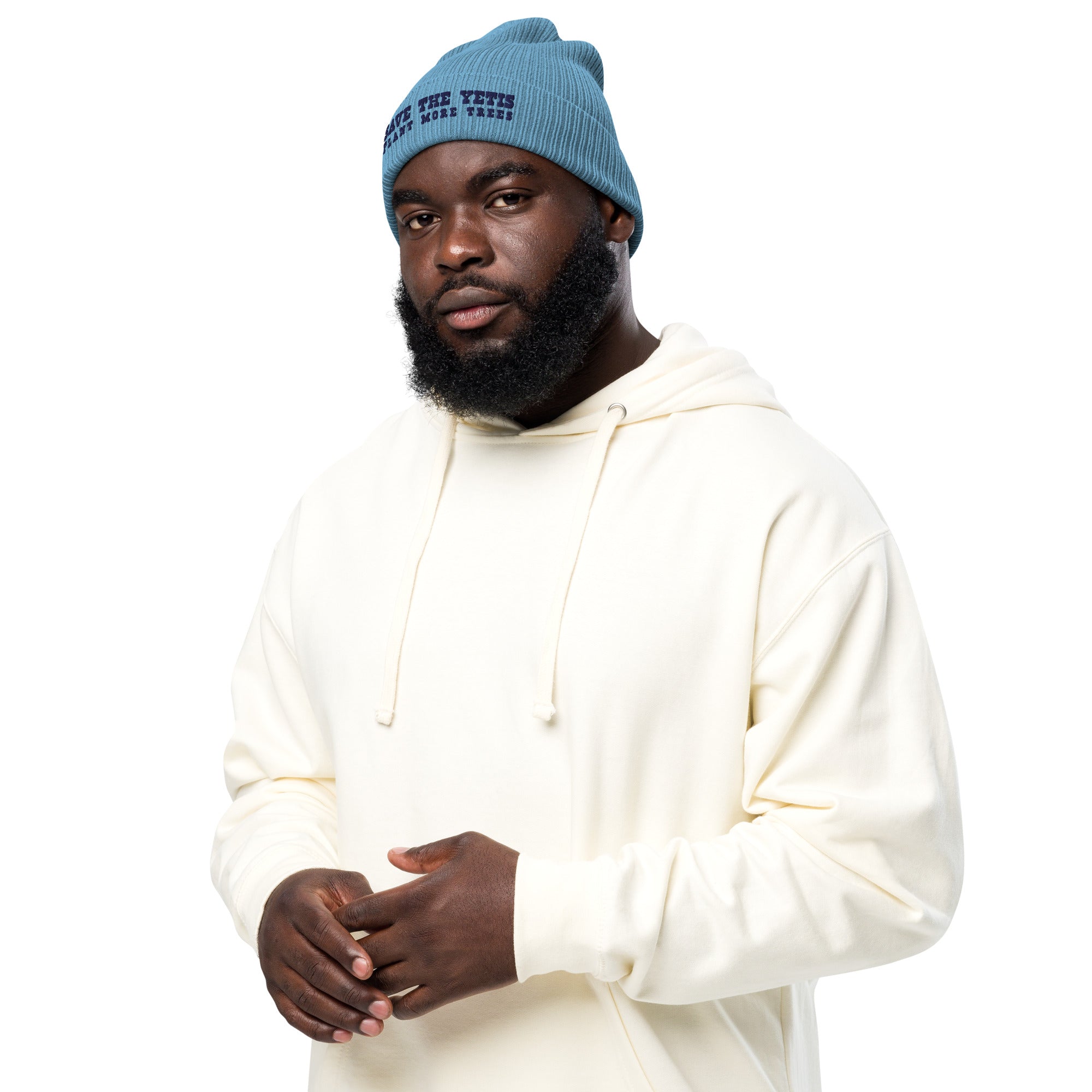 Bonnet côtelé en coton biologique Save the Yetis, Plant more Trees Navy