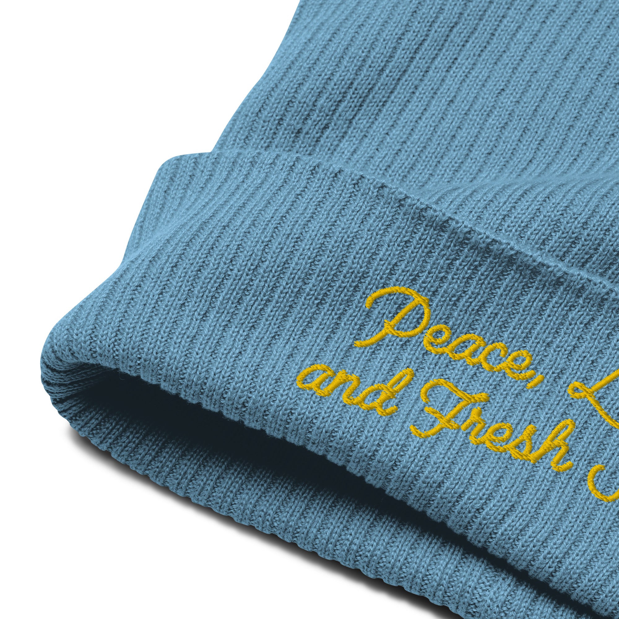 Organic ribbed beanie Peace, Love and Fresh Snow Gold