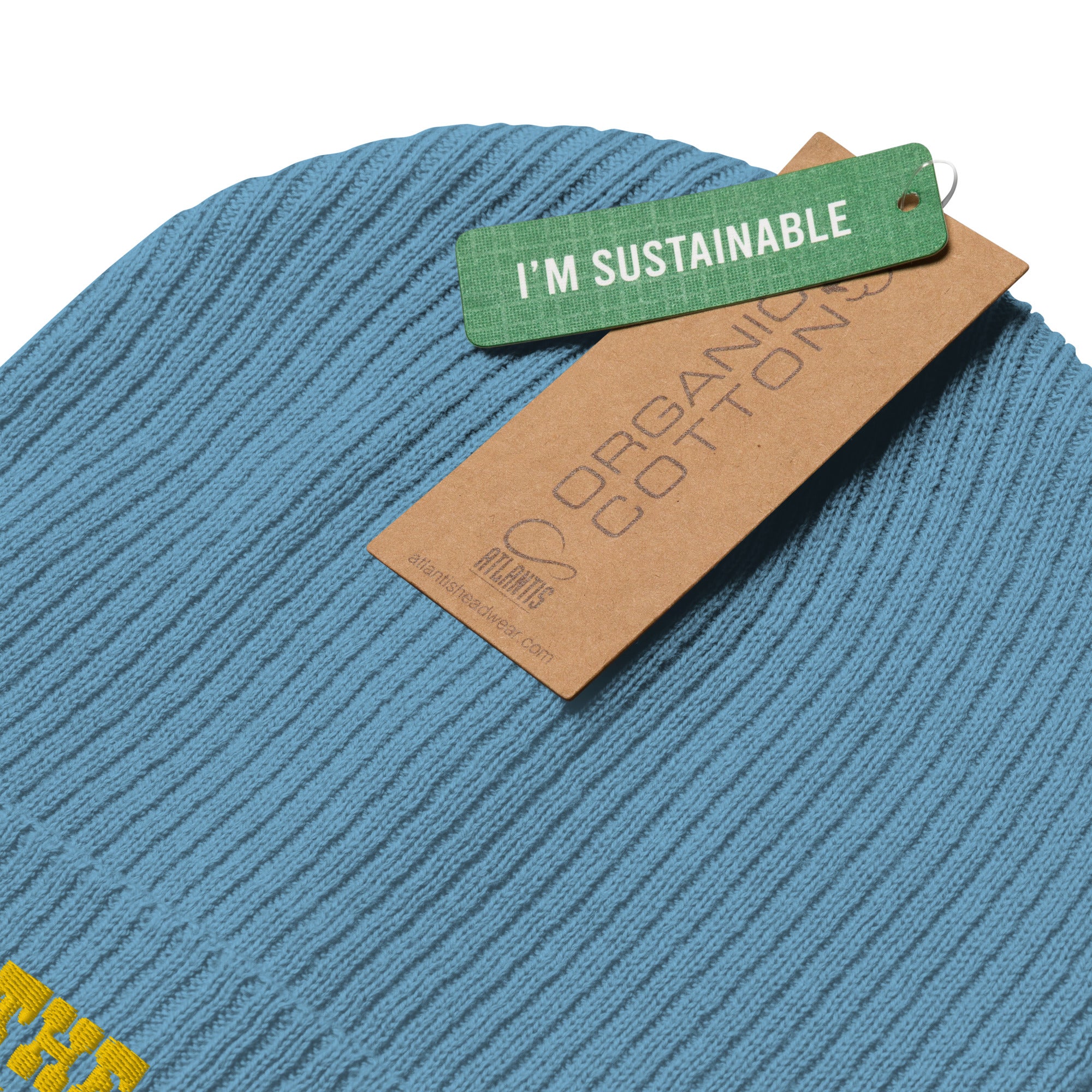 Organic ribbed beanie Save the Yetis, Plant more Trees Gold