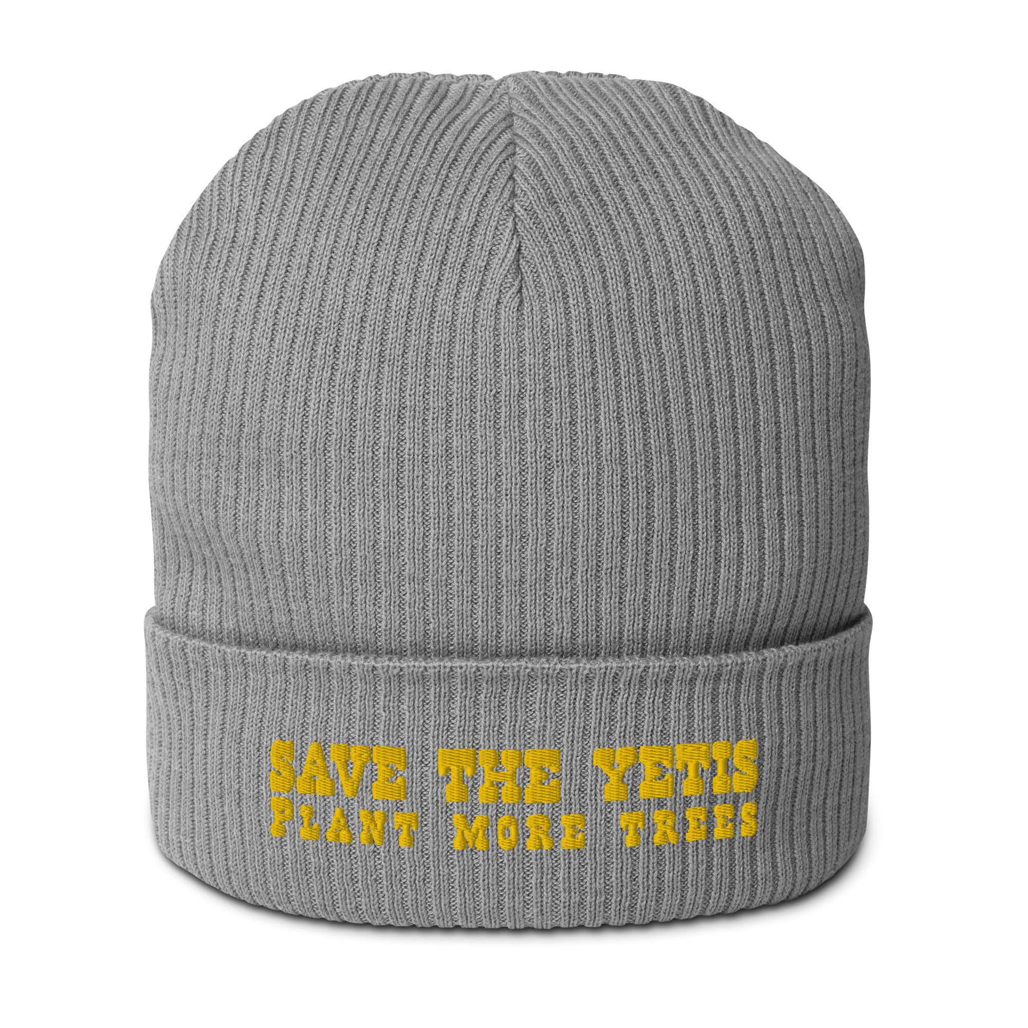 Organic ribbed beanie Save the Yetis, Plant more Trees Gold