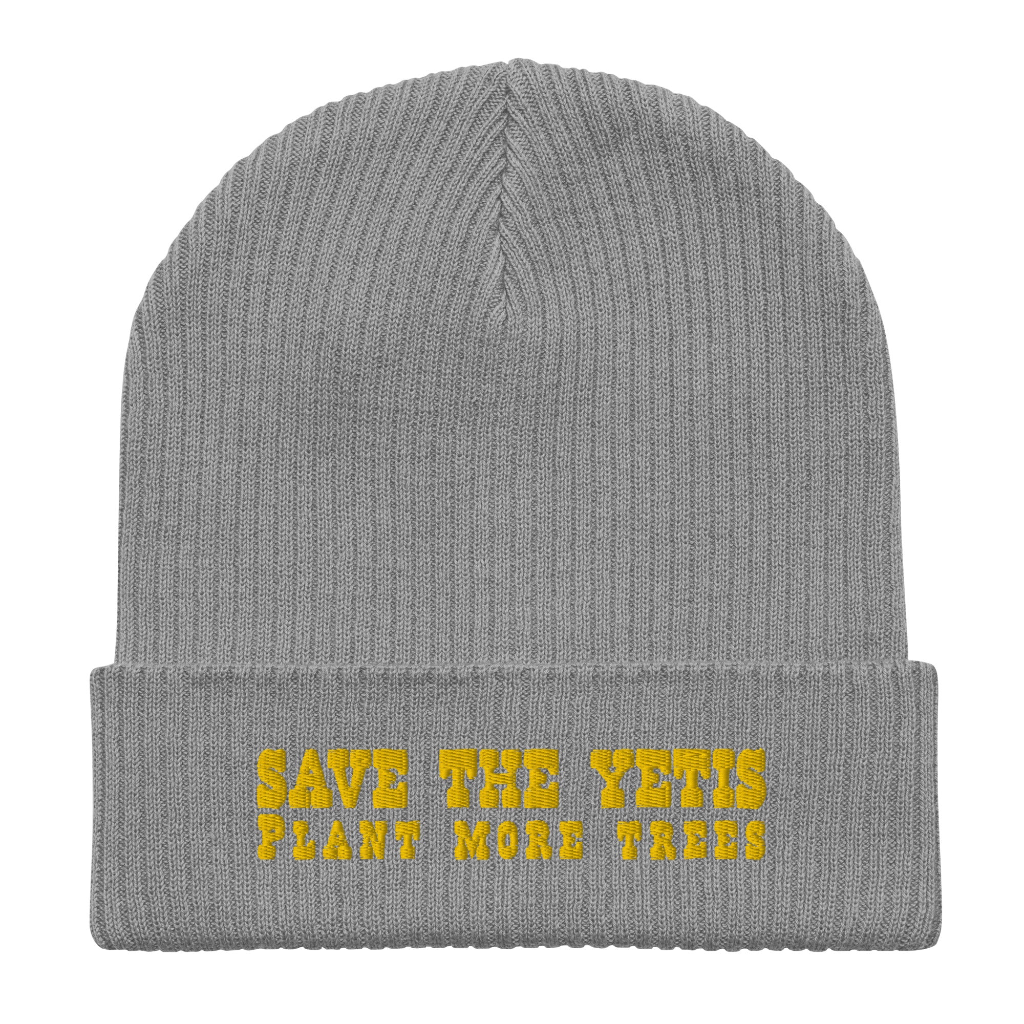 Organic ribbed beanie Save the Yetis, Plant more Trees Gold