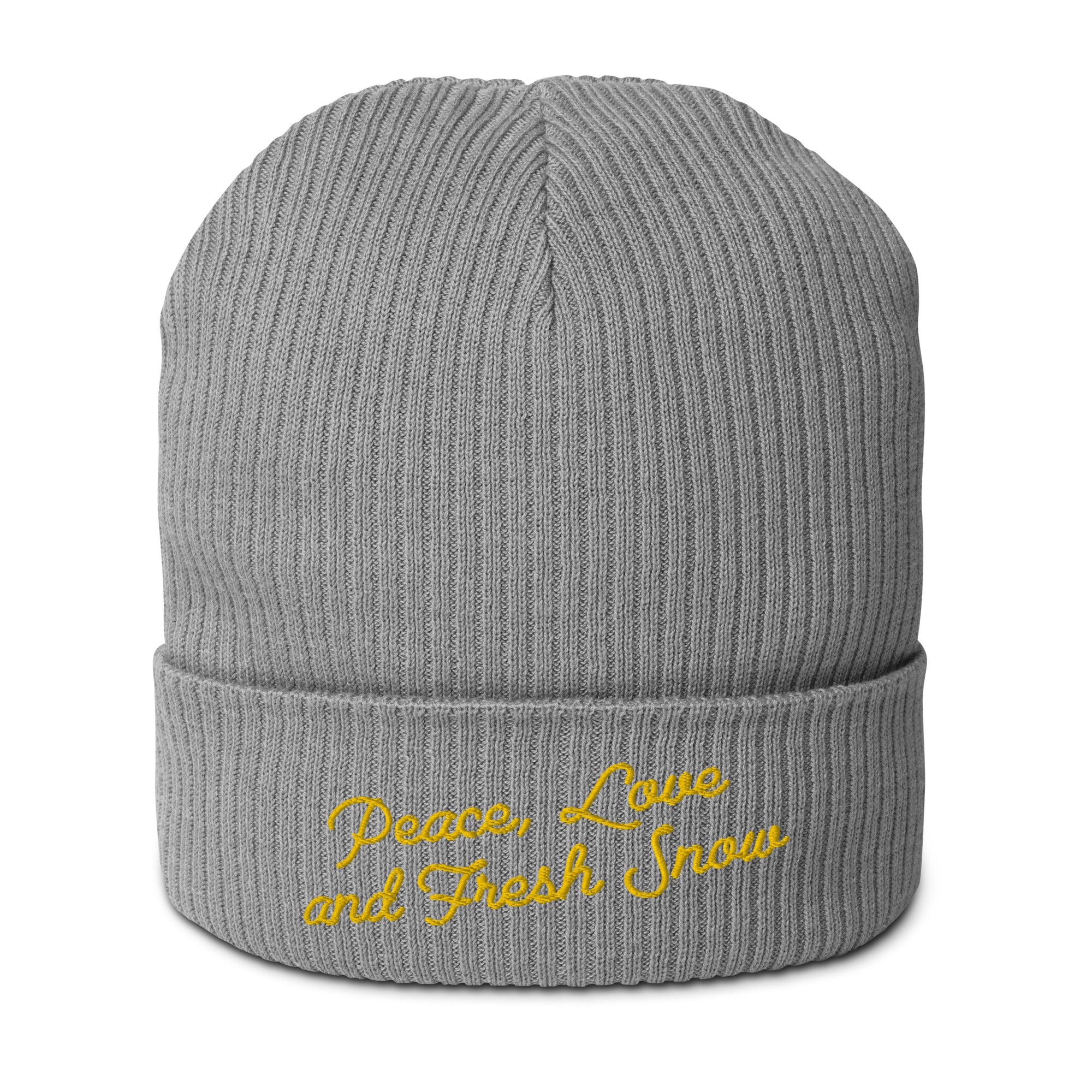 Organic ribbed beanie Peace, Love and Fresh Snow Gold