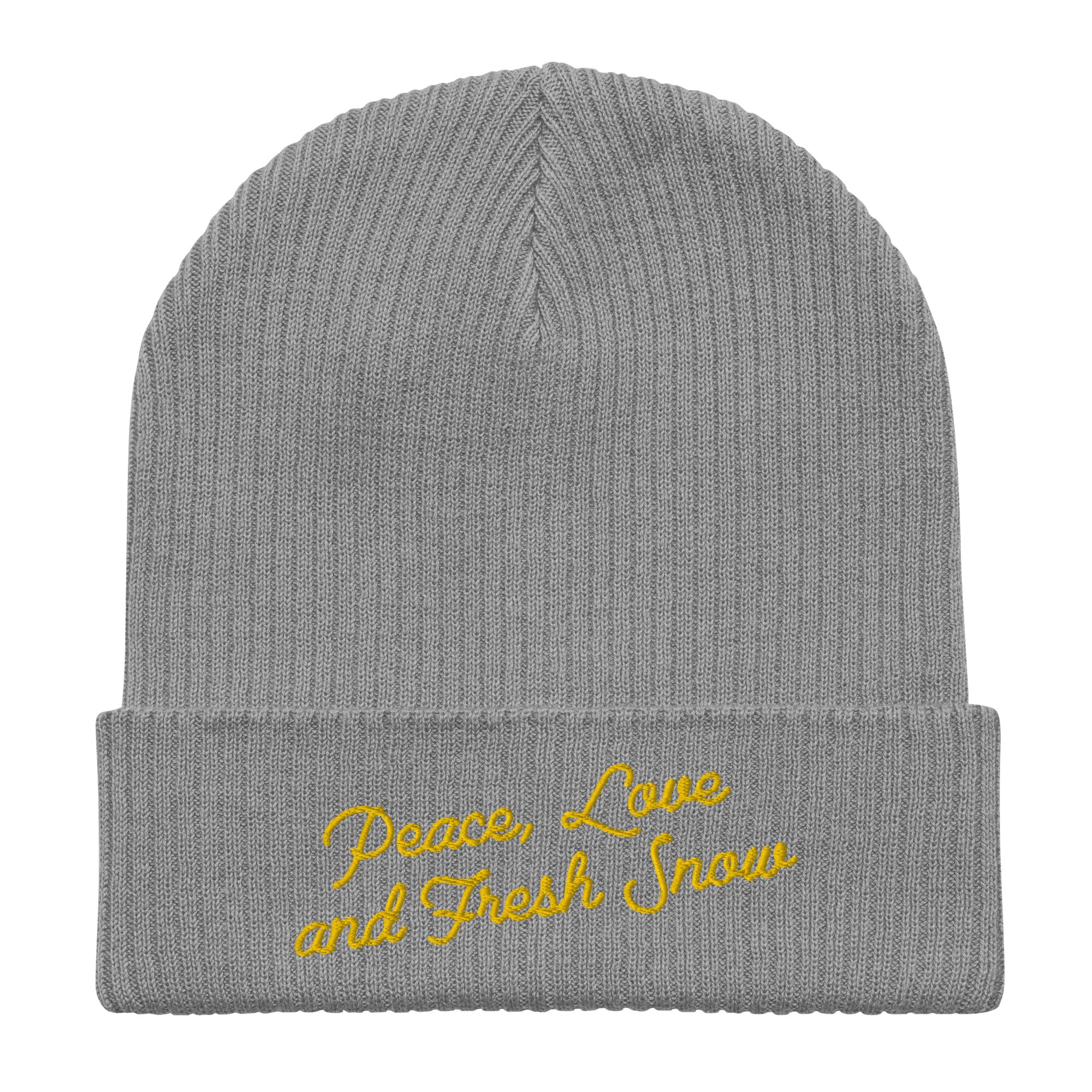 Organic ribbed beanie Peace, Love and Fresh Snow Gold
