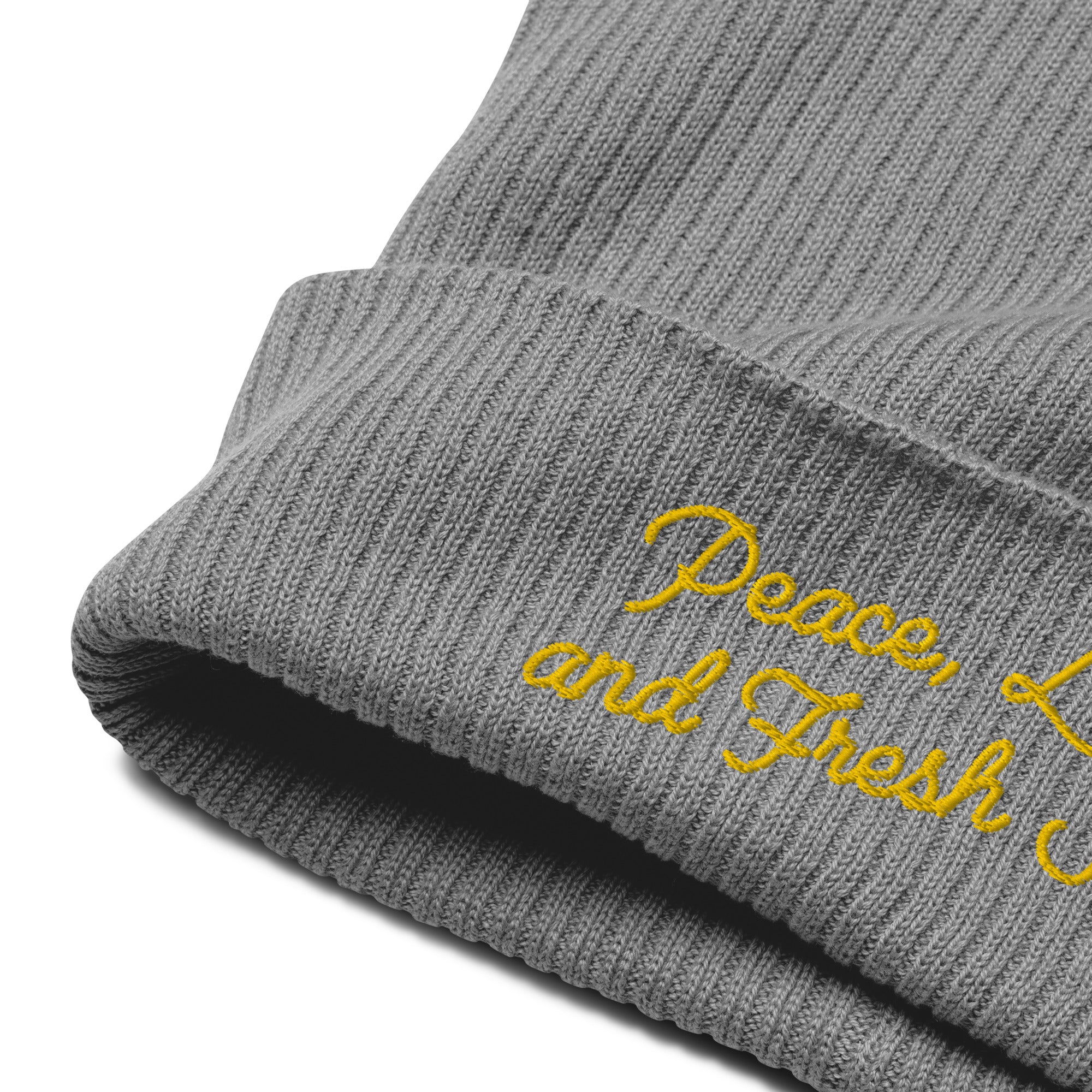 Organic ribbed beanie Peace, Love and Fresh Snow Gold