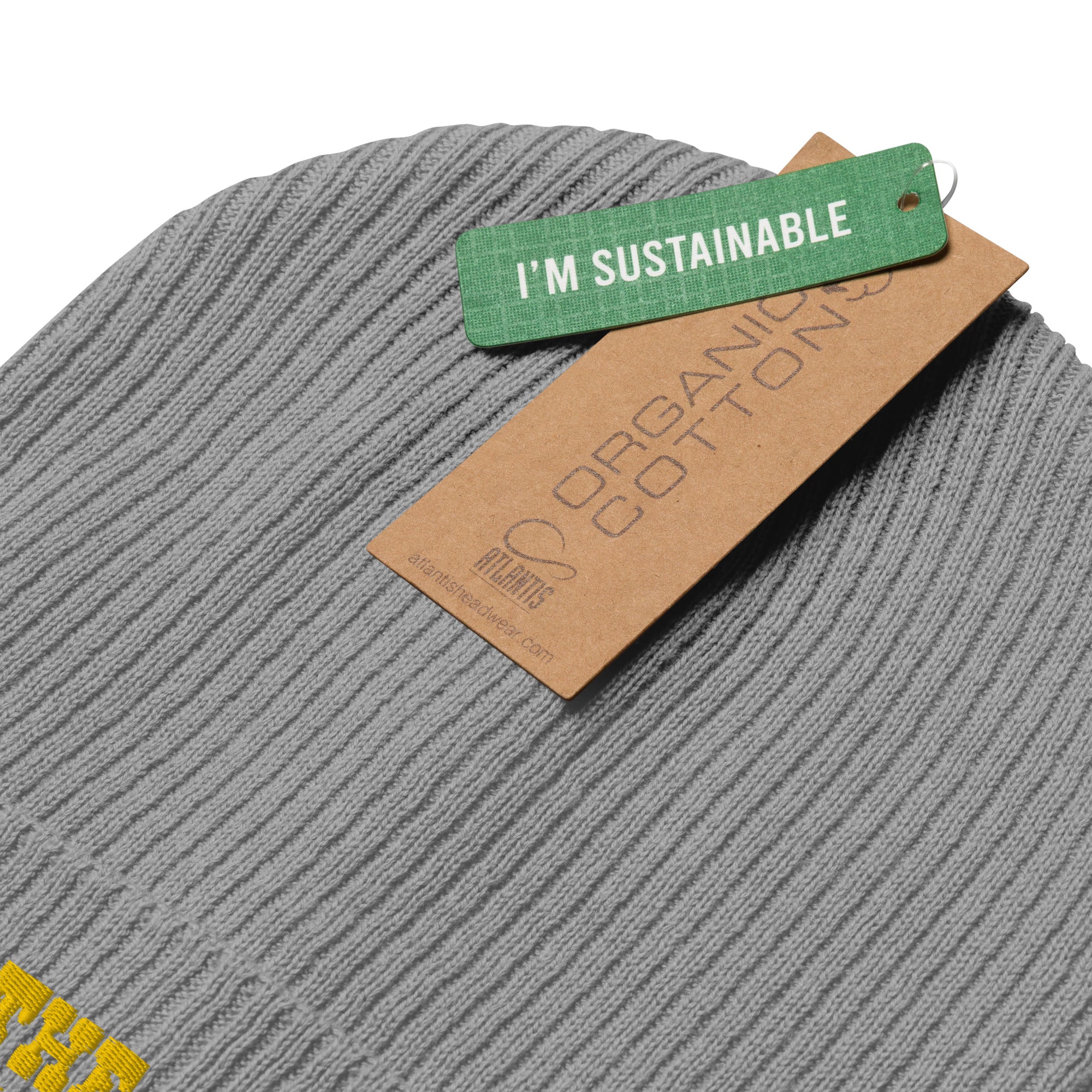 Organic ribbed beanie Save the Yetis, Plant more Trees Gold