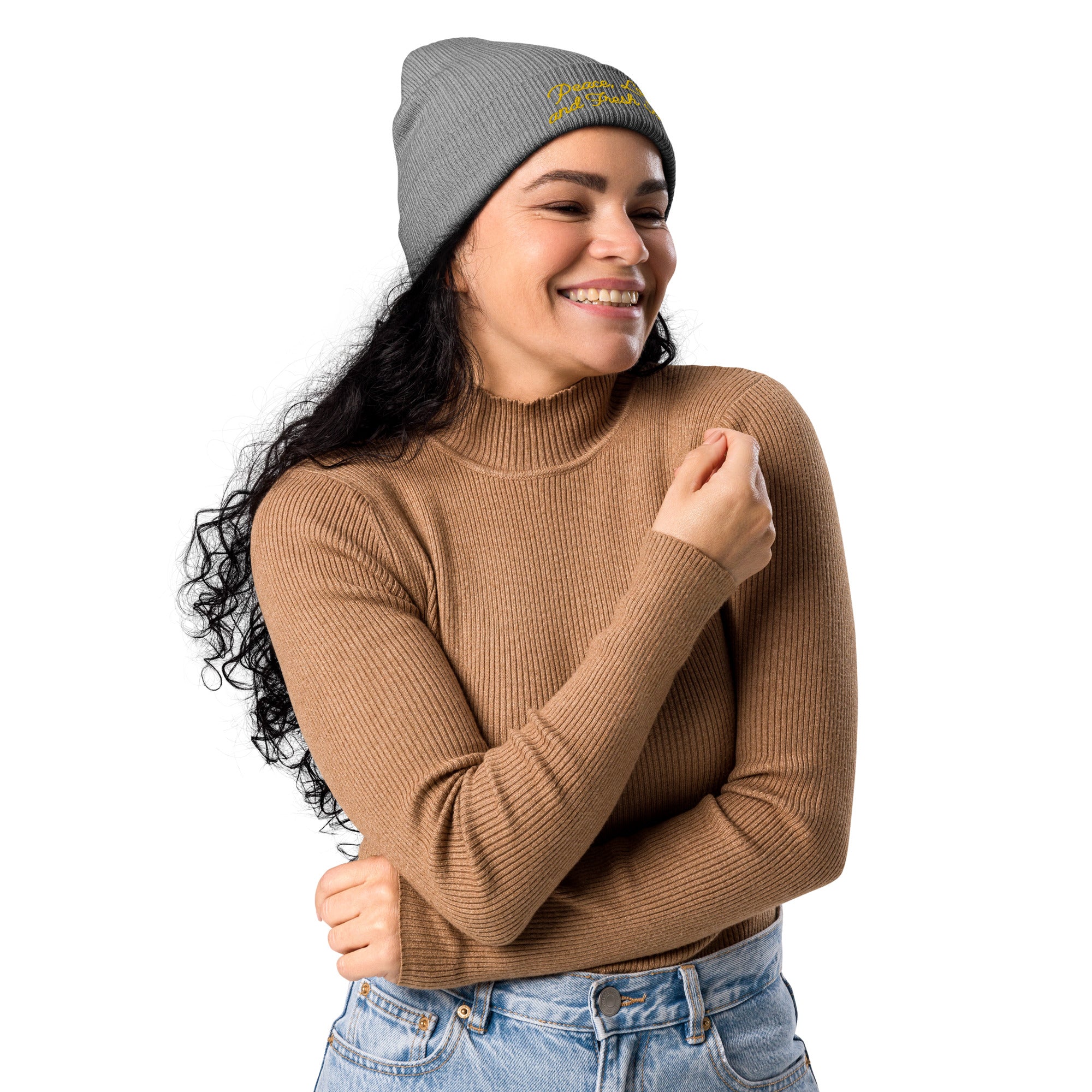 Organic ribbed beanie Peace, Love and Fresh Snow Gold