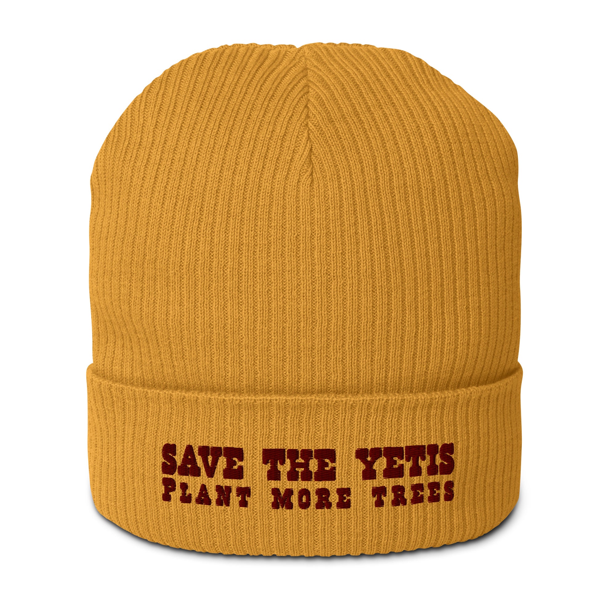 Organic ribbed beanie Save the Yetis, Plant more Trees Brown