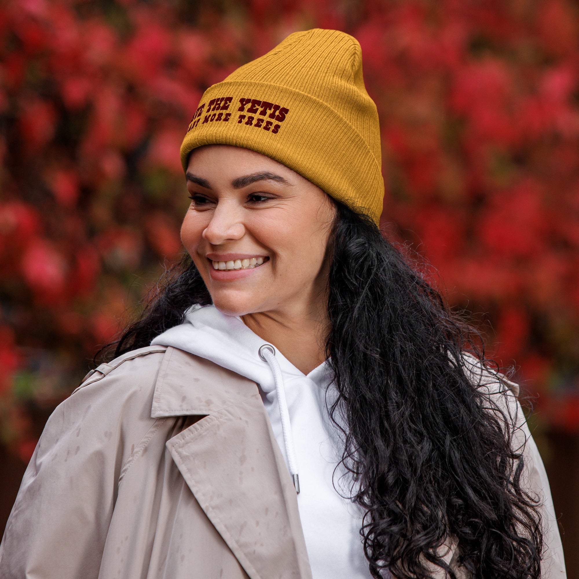 Organic ribbed beanie Save the Yetis, Plant more Trees Brown