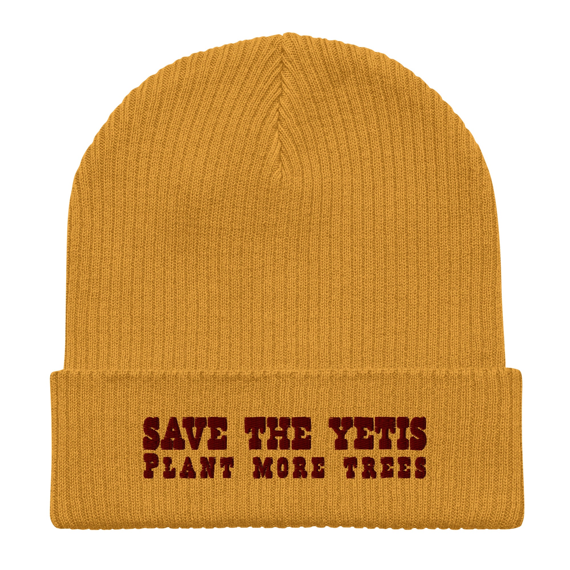 Organic ribbed beanie Save the Yetis, Plant more Trees Brown