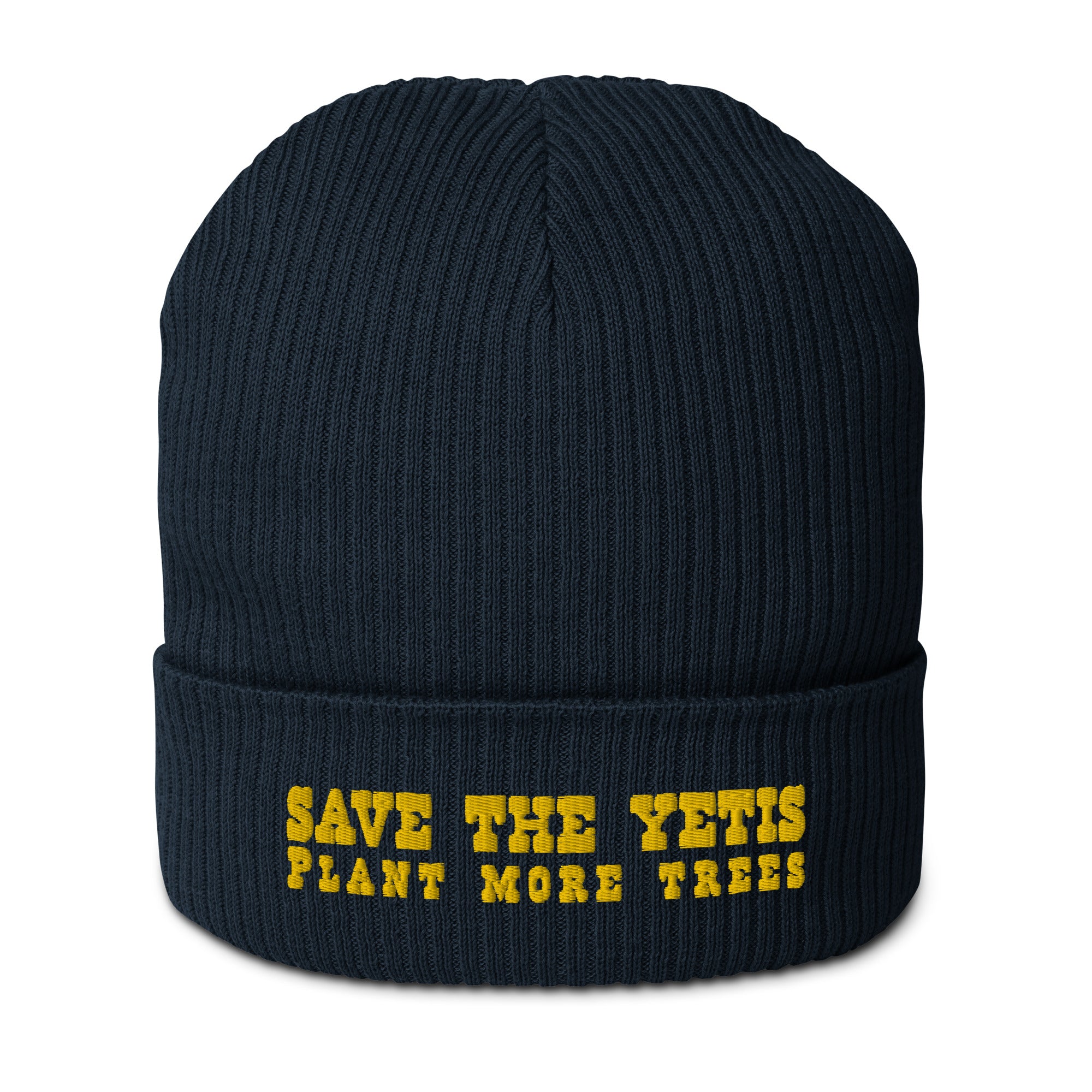 Organic ribbed beanie Save the Yetis, Plant more Trees Gold