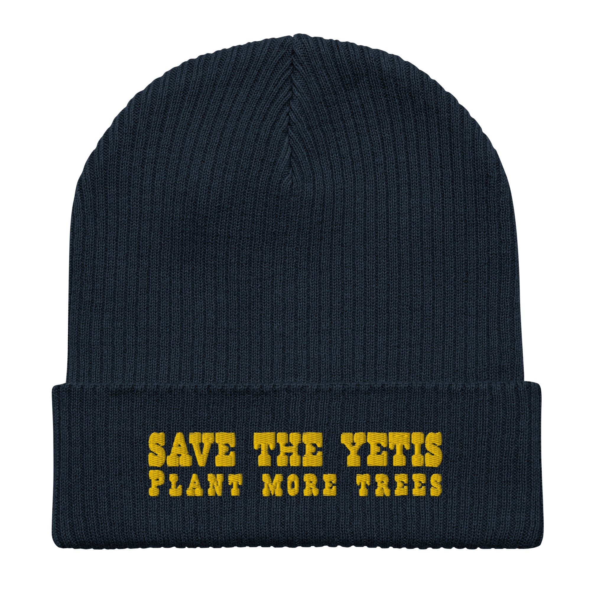 Organic ribbed beanie Save the Yetis, Plant more Trees Gold