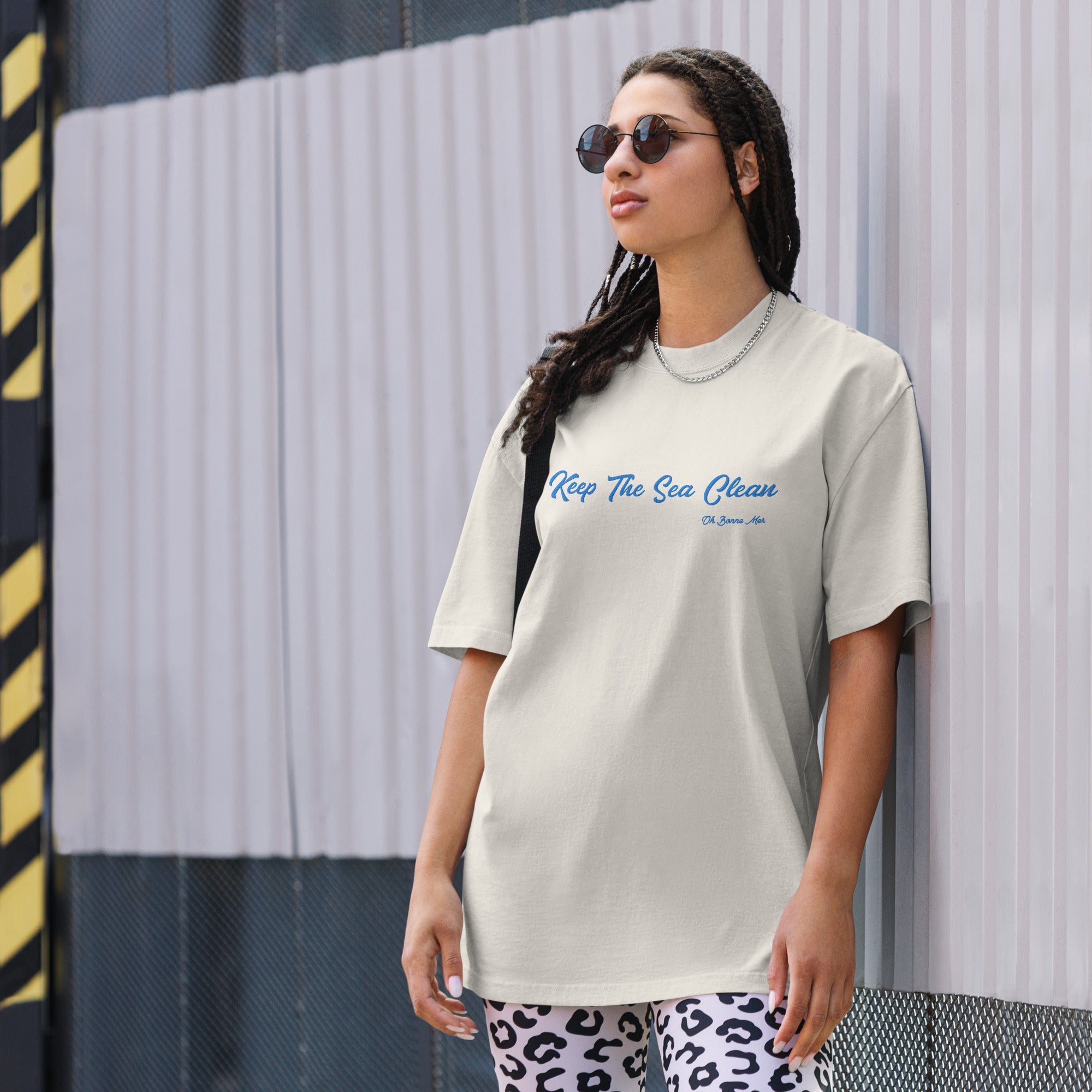 T-shirt oversize épais en coton Keep The Sea Clean bleu clair grand motif brodé