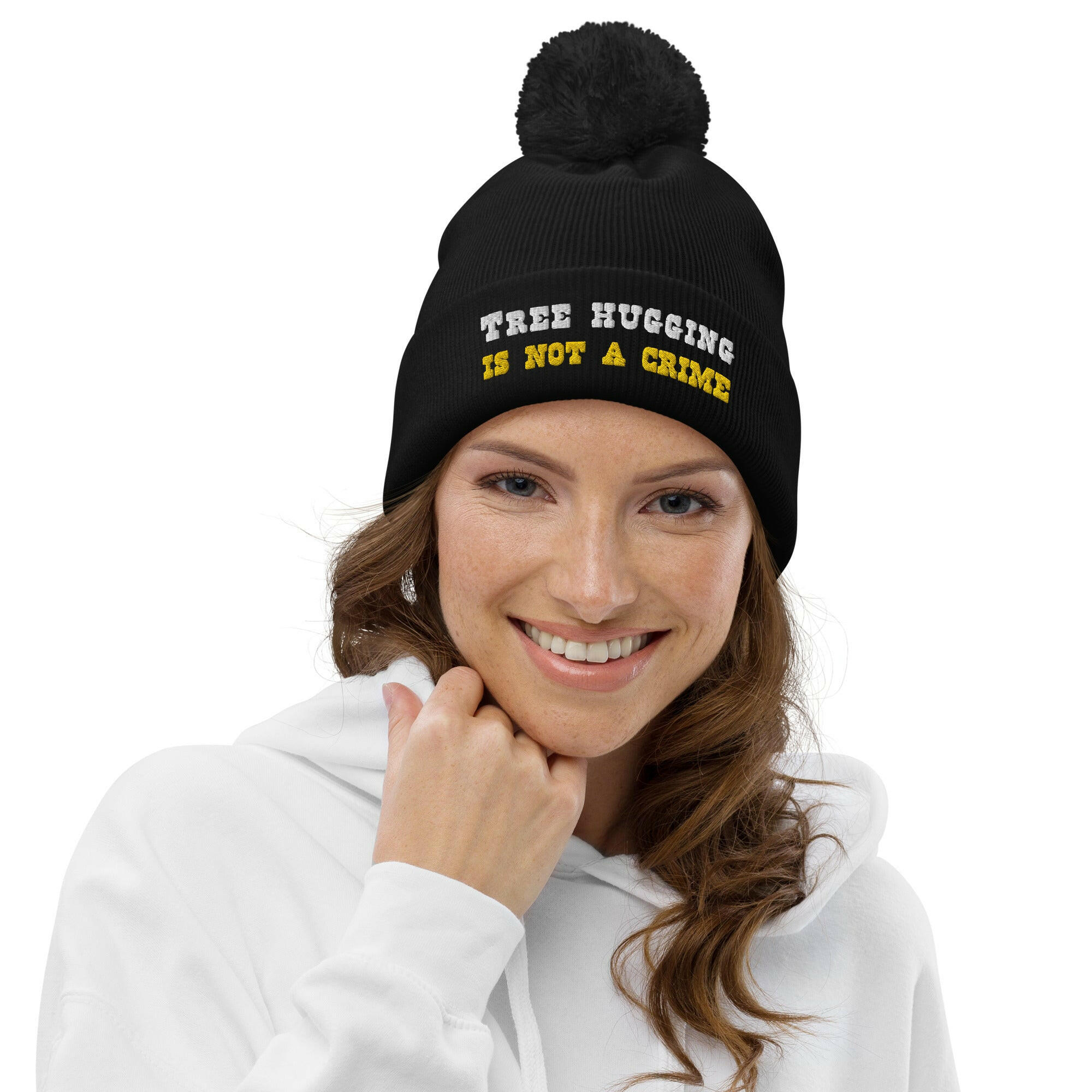 Pom pom beanie Tree Hugging is not a crime White/Gold